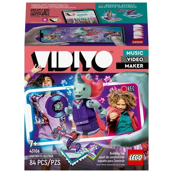 Set LEGO VIDIYO Unicorn DJ BeatBox. La confezione mostra una minifigure di DJ unicorno, bambini e schermi di smartphone. Contiene 84 pezzi. Adatto a bambini dai 7 anni in su. Include BeatBits per effetti speciali.