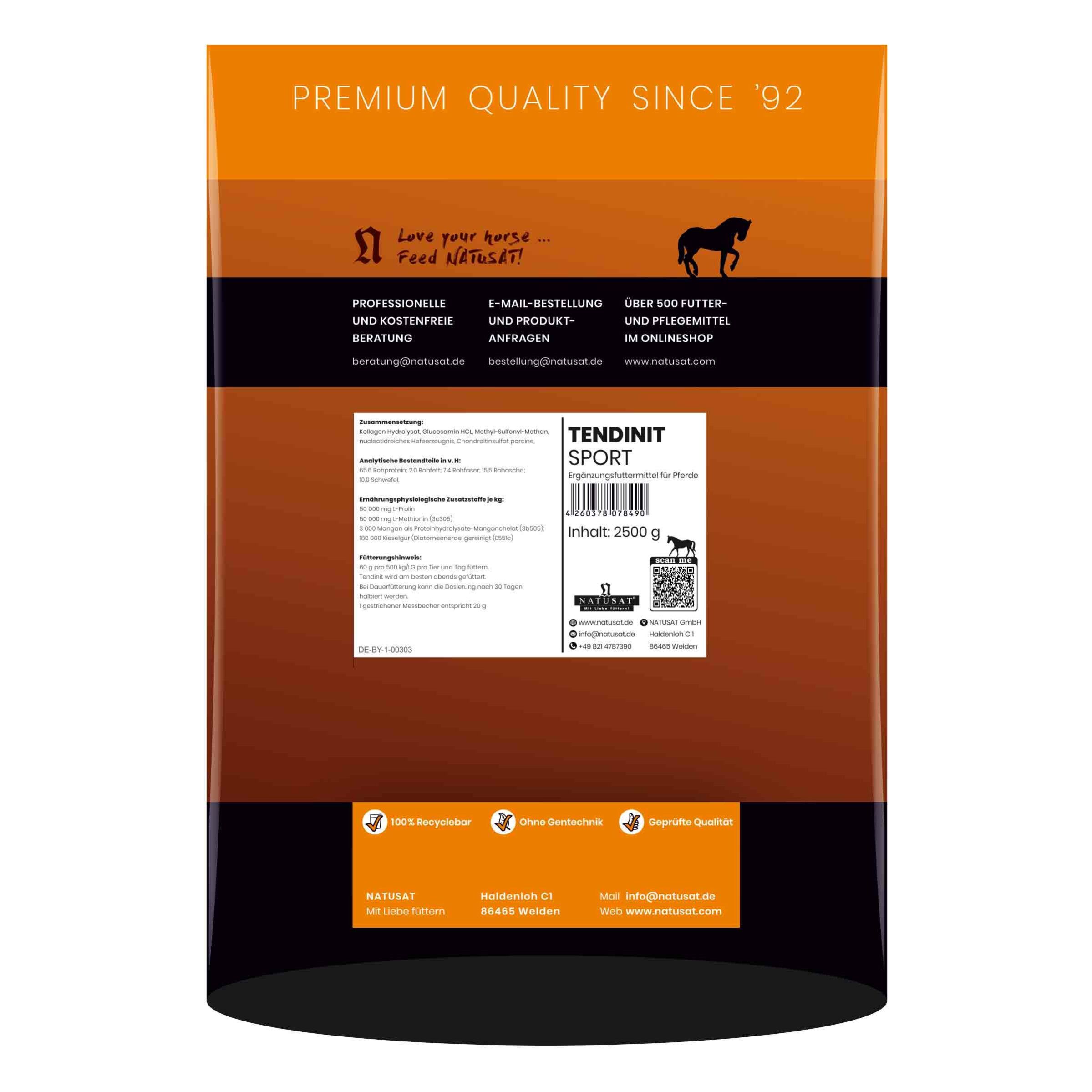 Verpackung von Natusat Tendinit Sport. Enthält 2500 g. Mit Texten wie "Professionelle Beratung" und "E-Mail-Bestellung".