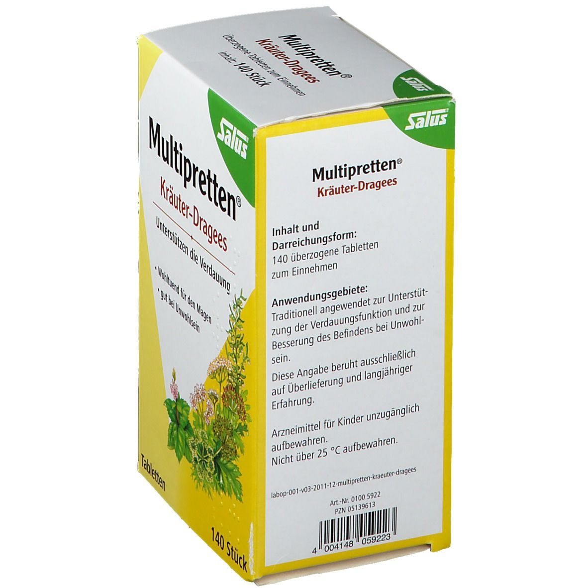 Karton von Salus® Multipretten® Kräuter-Dragees. Text: 140 Stück, Inhalt und Darreichungsform, Anwendung.