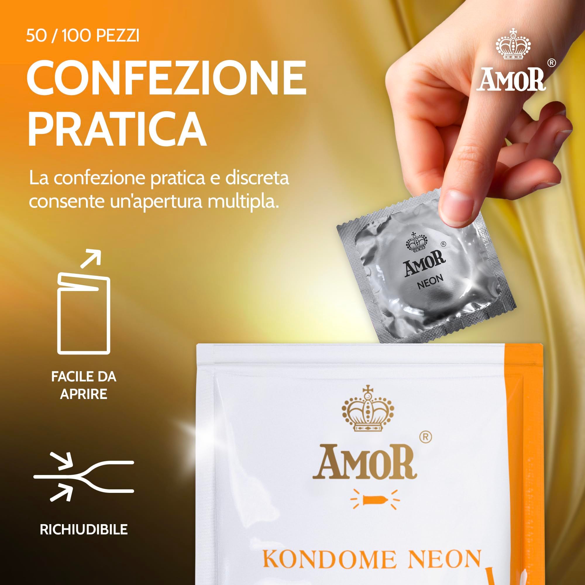 Hand öffnet einzeln verpacktes AMOR Kondom Neon aus wiederverschließbarer Packung.