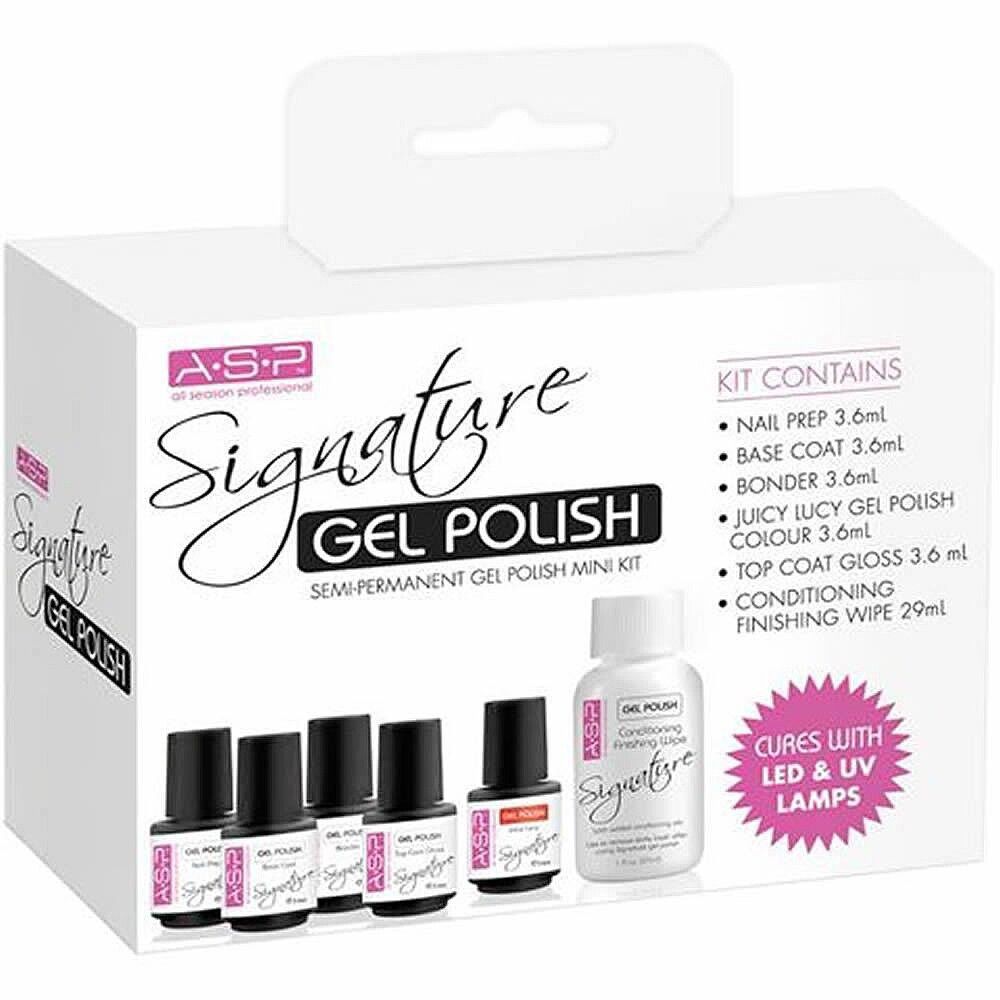 Weißer Karton mit ASP Signature Gel-Polish Mini-Testkit. Enthält Flaschen und eine Liste der Inhaltsstoffe. Aufschrift: Cures with LED & UV Lamps.