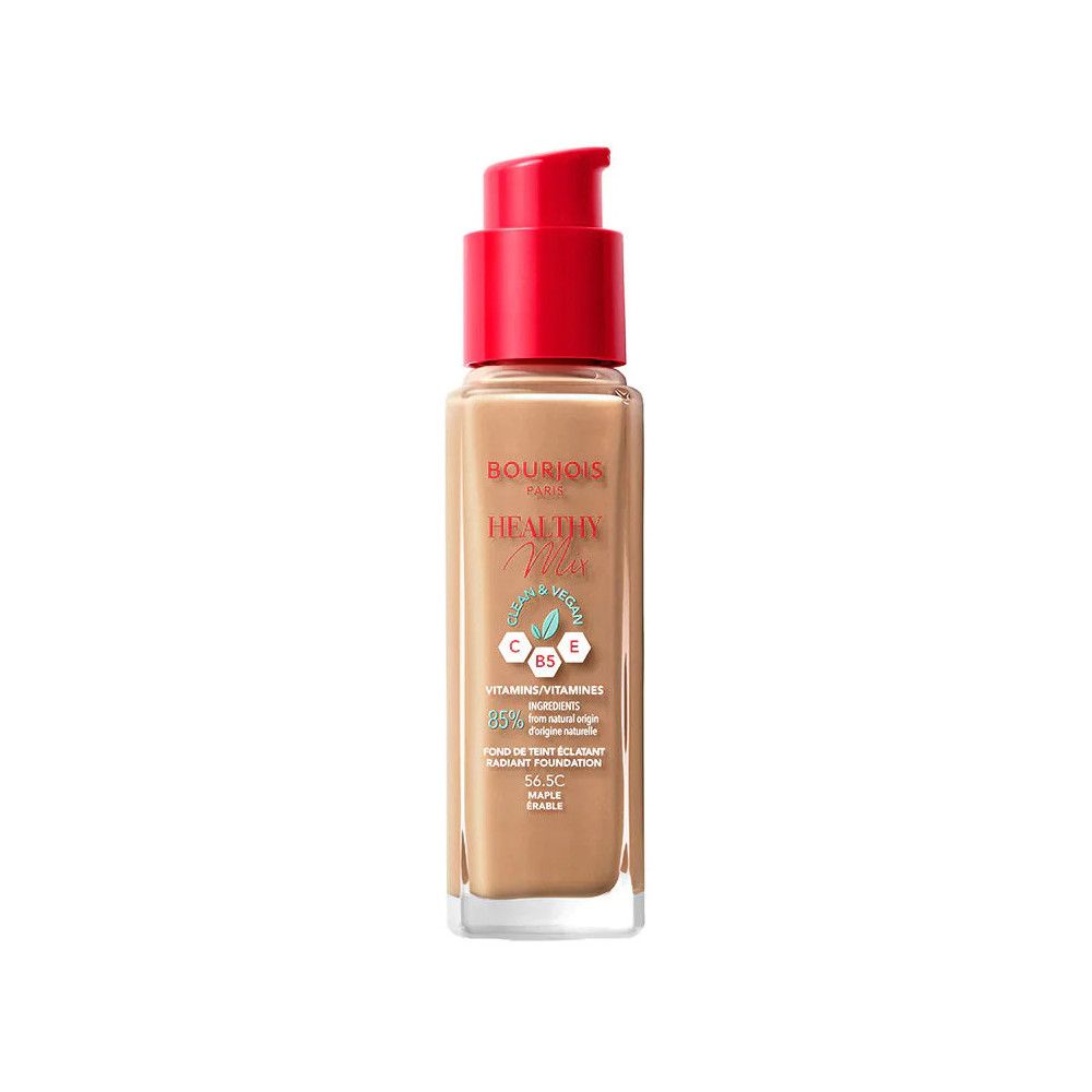 Foundation-Flakon mit rotem Pumpverschluss. Aufschrift: Bourjois Healthy Mix. Enthält Vitamine C, E, B5. Farbton 56.5C.