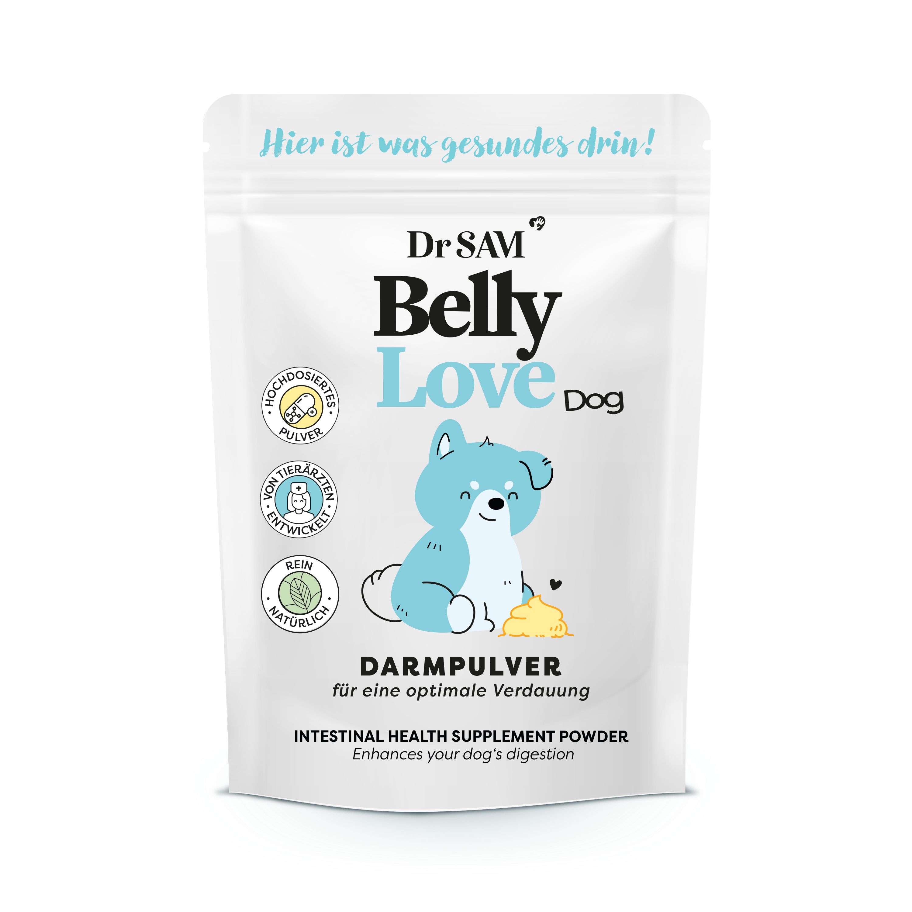 Beutel mit "Dr. SAM BellyLove Dog" Darmpulver. Abbildung eines blauen Hundes. Text: "Darmpulver für eine optimale Verdauung".