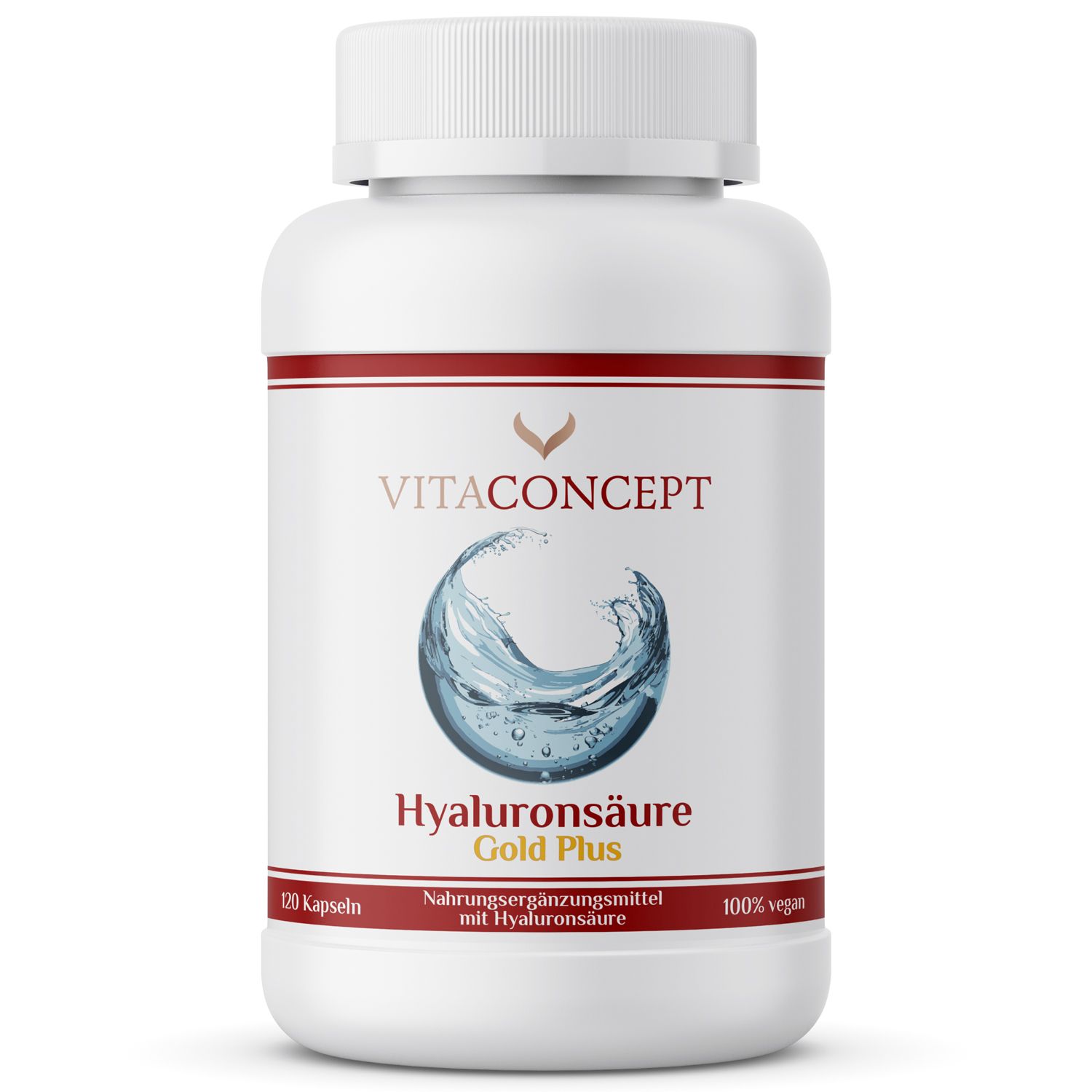 Weiße Flasche mit rotem Streifen. Aufschrift: VITACONCEPT, Hyaluronsäure Gold Plus. 120 Kapseln. 100% vegan.