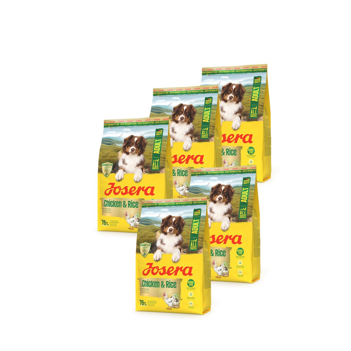 Fünf Packungen Josera Huhn & Reis Hundefutter, gelb mit Hundemotiv.