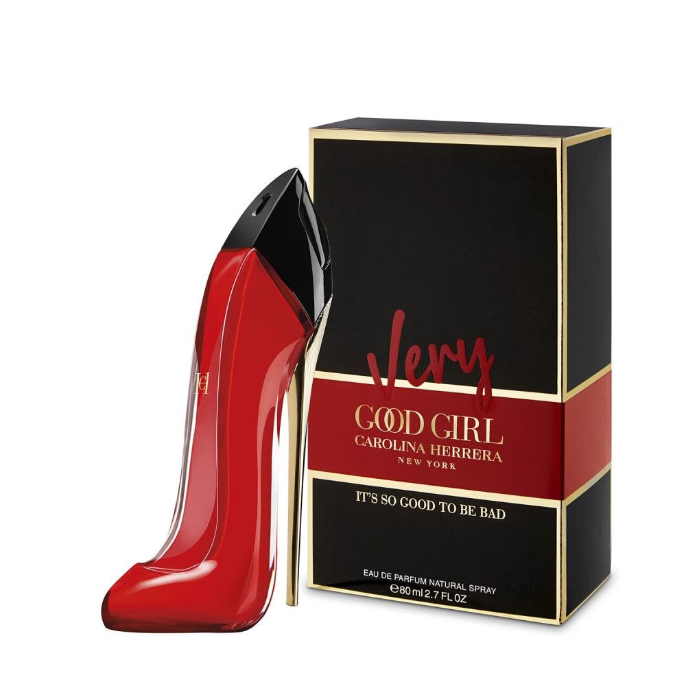 Roter High Heel-Flakon und Verpackung. Schwarzer Deckel, goldfarbene Sohle. Aufschrift: Very Good Girl, Carolina Herrera.