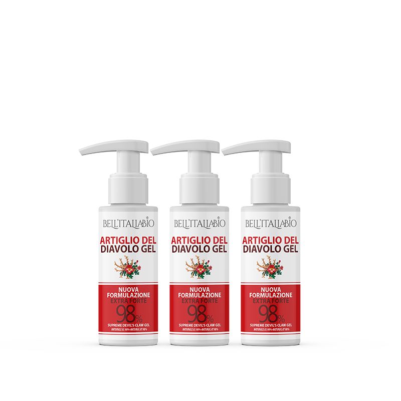 Drei weiße Flaschen mit Pumpverschluss. Auf den Etiketten steht "Artiglio del Diavolo Gel" und "98".