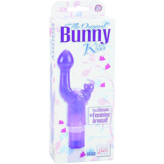Lila Vibrator in Verpackung. Aufschrift: Bunny Kiss. Verpackung mit floralem Muster. Wasserfest.