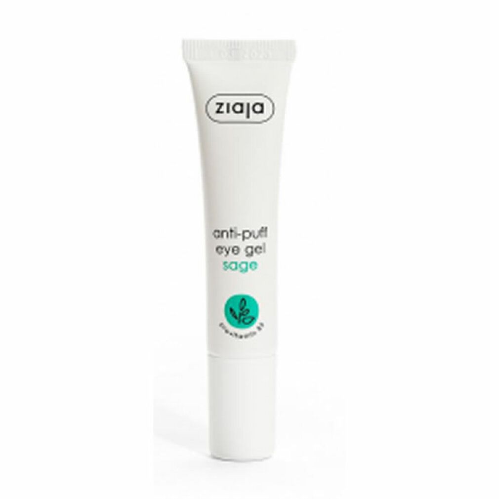 Weiße Tube mit grüner Schrift. Aufschrift: Ziaja, Anti-Puff Eye Gel Sage. Mit Salbei-Blatt-Symbol.