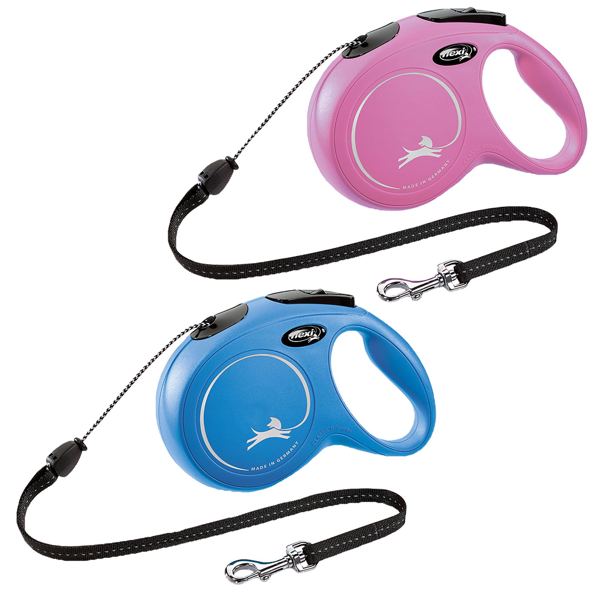 Zwei Roll-Leinen: Pink und Blau. Schwarze Gurte und Chrom-Karabinerhaken. Schwarze Knöpfe und Griffe. Flexi-Logo.