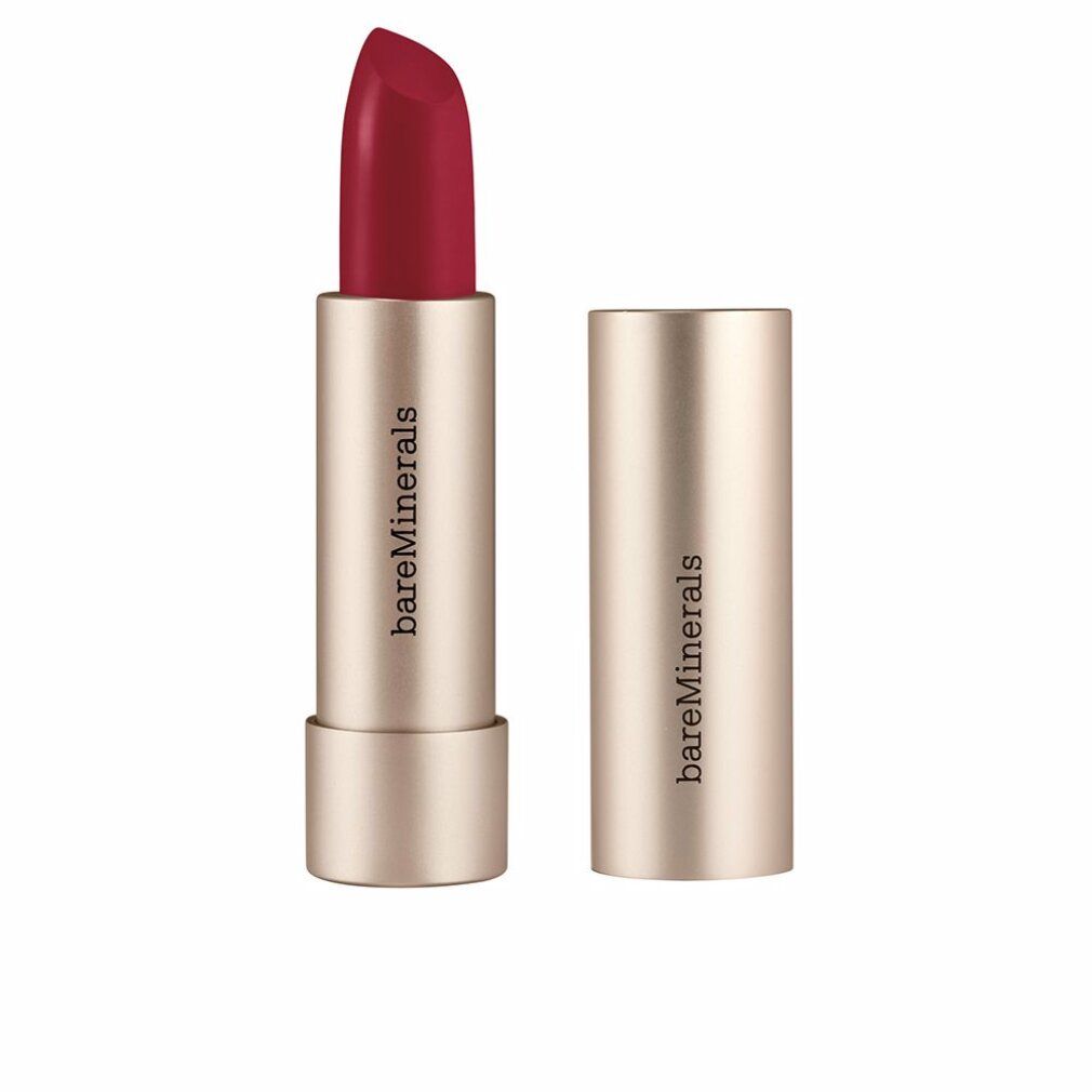 BareMinerals Lippenstift, rot. Goldfarbene Hülse mit abgenommenem Deckel. Aufschrift: "bareMinerals".