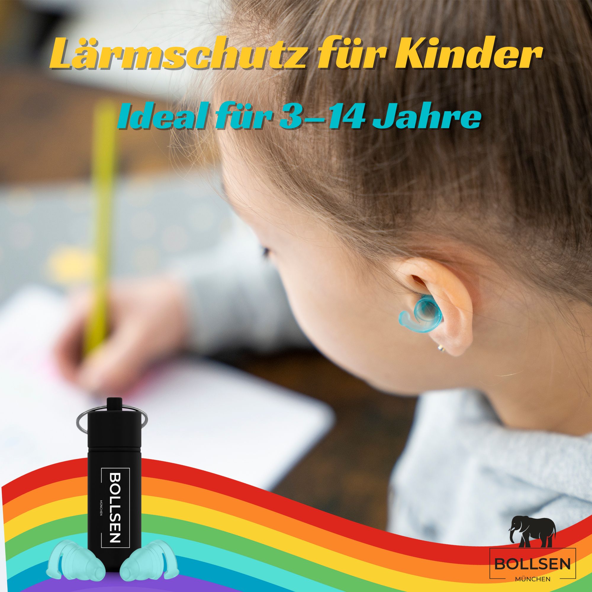 Kind trägt BOLLSEN Kidz+ Ohrstöpsel beim Lernen. Ein schwarzes Etui und Ohrstöpsel sind unten abgebildet.