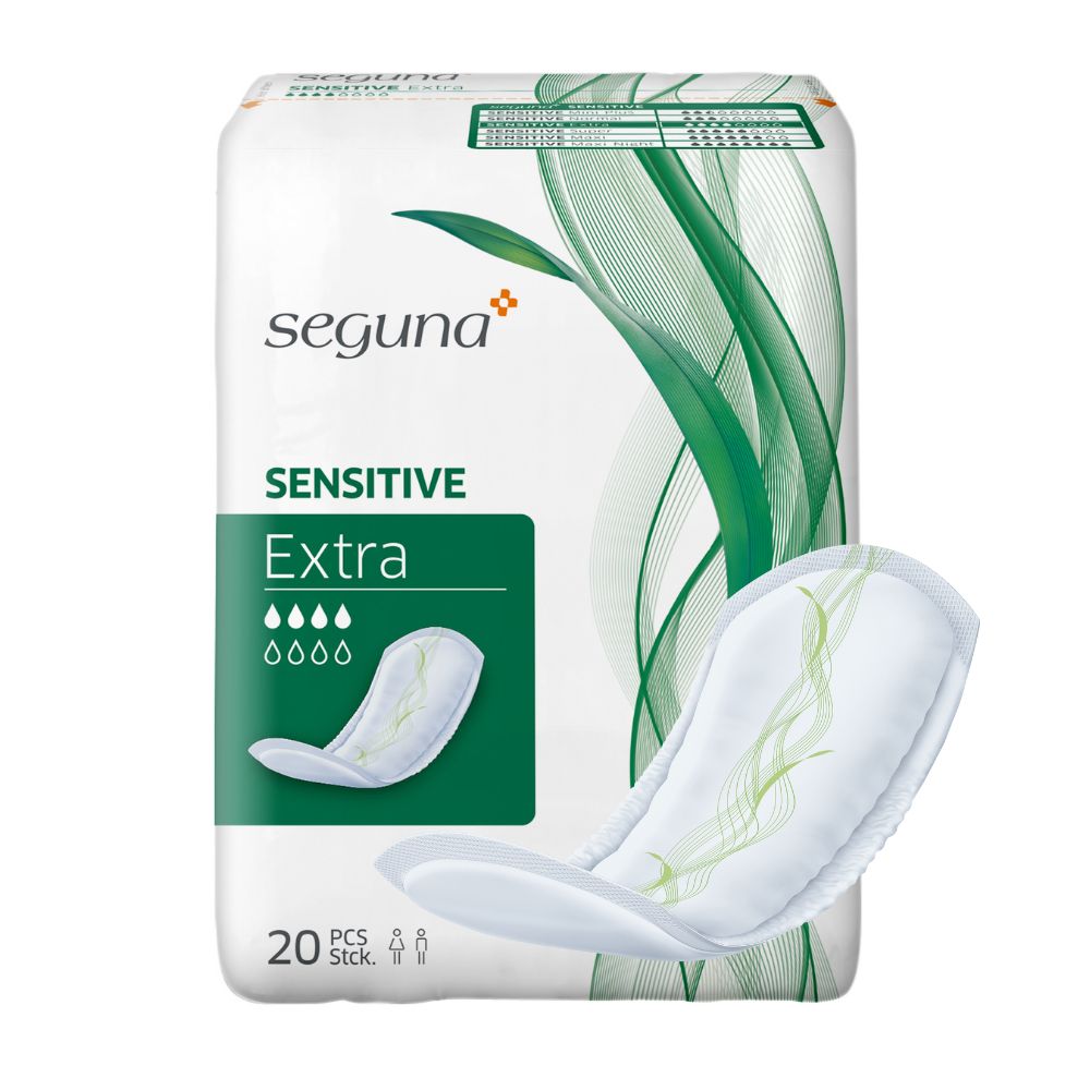 Packung SEGUNA Sensitive Extra mit einem Produkt. 20 Stück. Grüne und weiße Verpackung mit Produktabbildung.