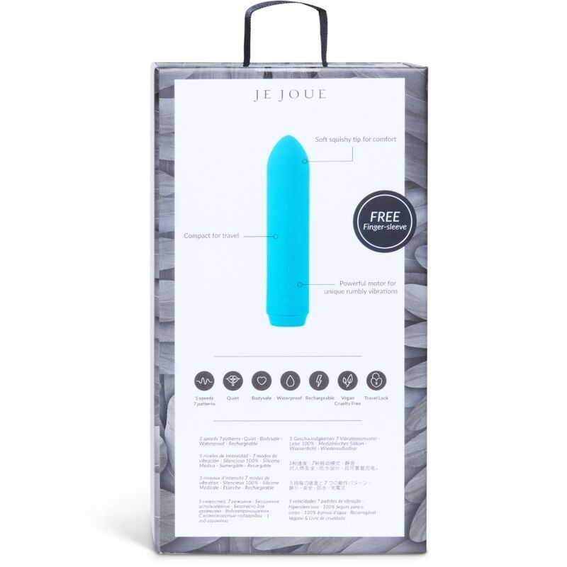 Rückseite der Verpackung. Marke Je Joue. Text: Classic Bullet. Informationen und Symbole.