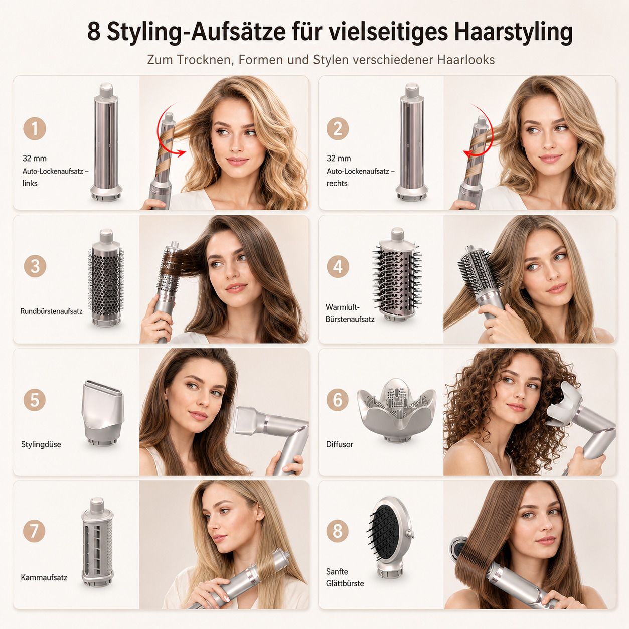 Airstyler mit 8 Styling-Aufsätzen. Zeigt verschiedene Aufsätze und deren Anwendung. Text in Deutsch.
