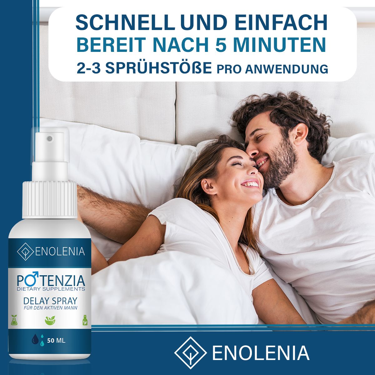 Mann und Frau im Bett. Flasche mit Sprühkopf, Aufschrift: Enolenia, Potenzia Delay Spray.