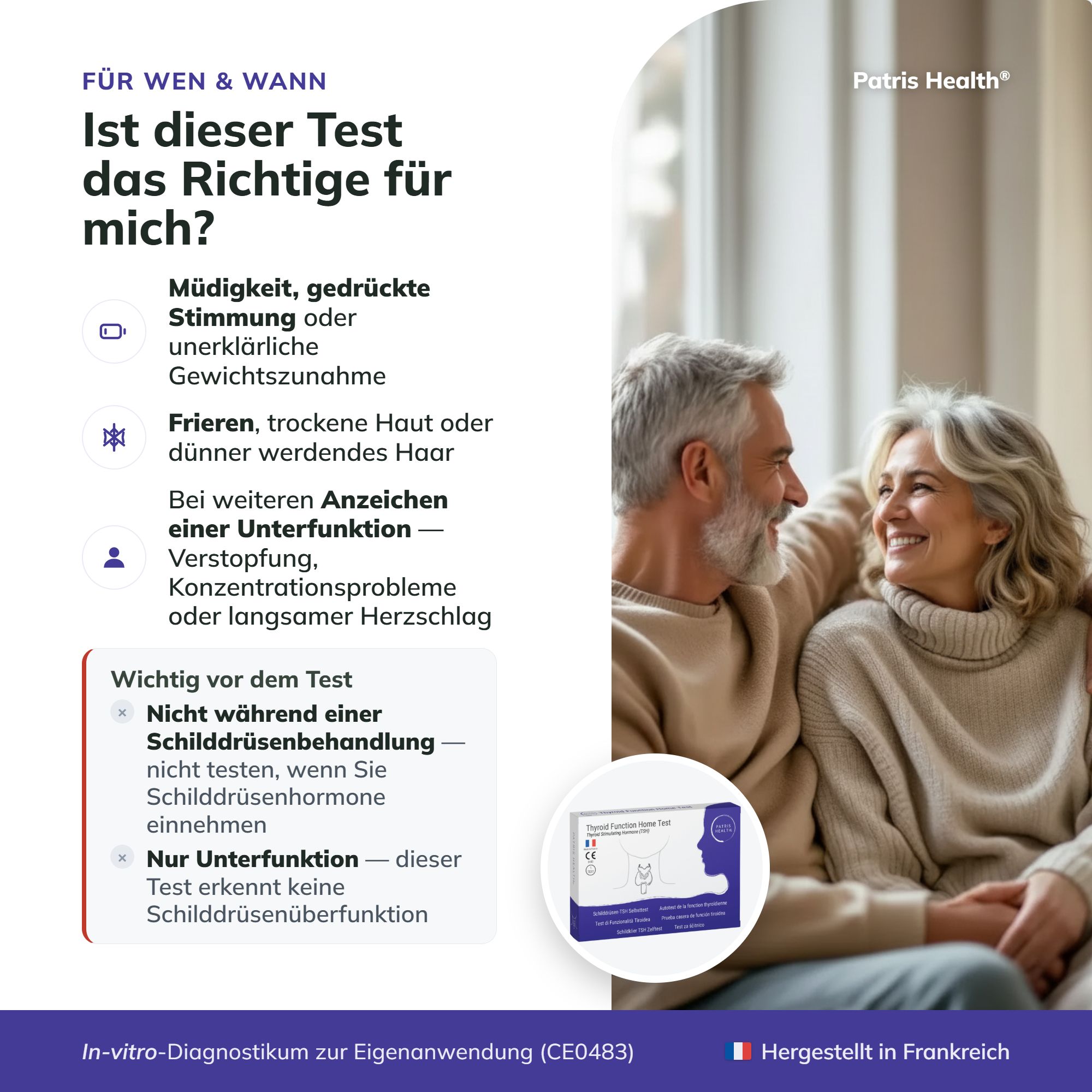 Älteres Paar lächelt, neben der Verpackung des Schilddrüsen-TSH-Selbsttests von Patris Health.