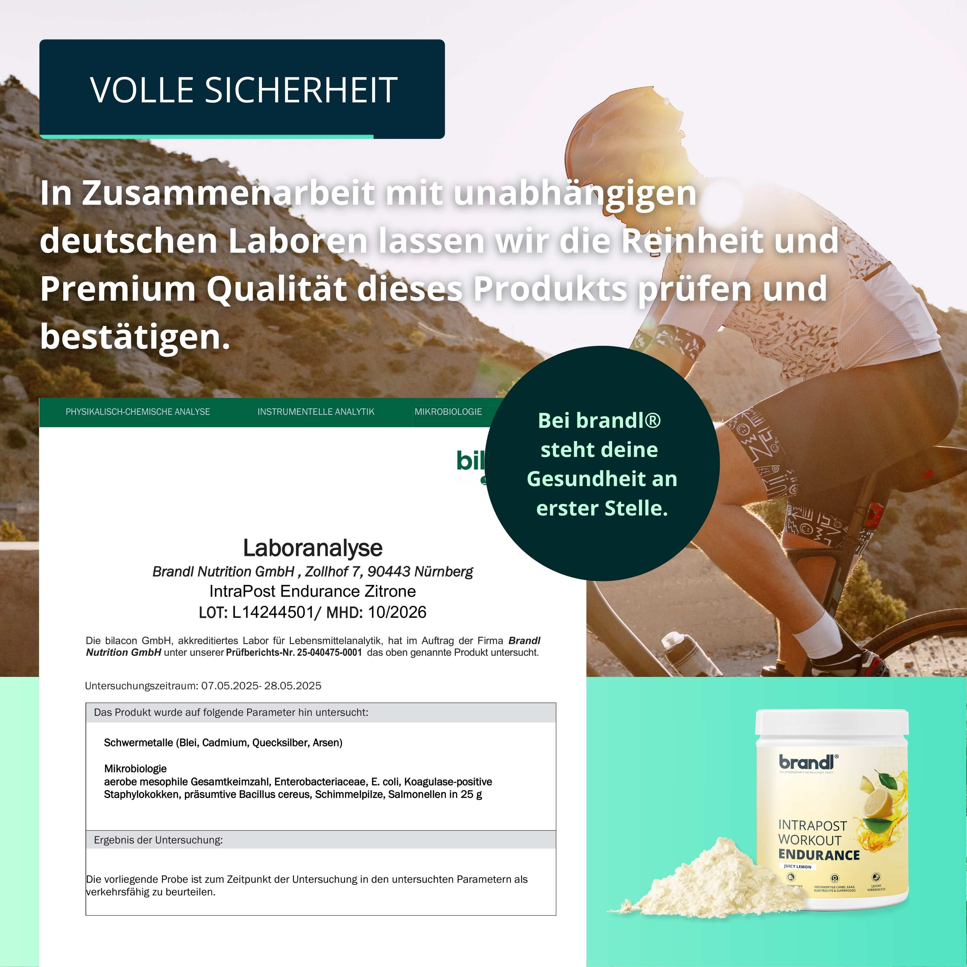Werbebild mit Radfahrer und Laboranalyse. Text: Premium Qualität, Reinheit, Laboranalyse, Inhaltsstoffe, MHD. Dose brandl® Intrapost Endurance.