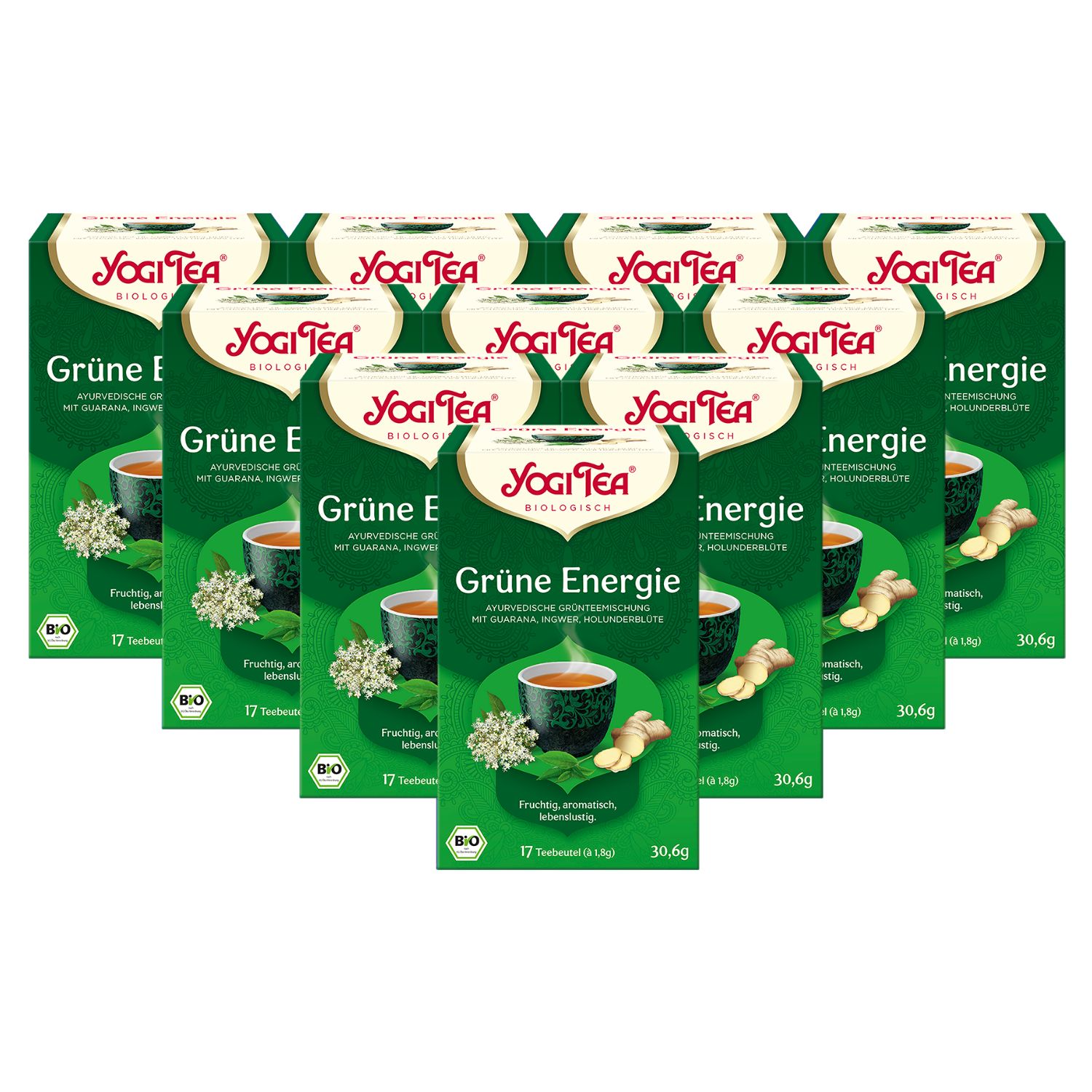 Mehrere grüne Tee-Schachteln, Yogi Tea, Grüne Energie, mit Text und Illustrationen von Kräutern und einer Tasse Tee. Bio-Siegel.