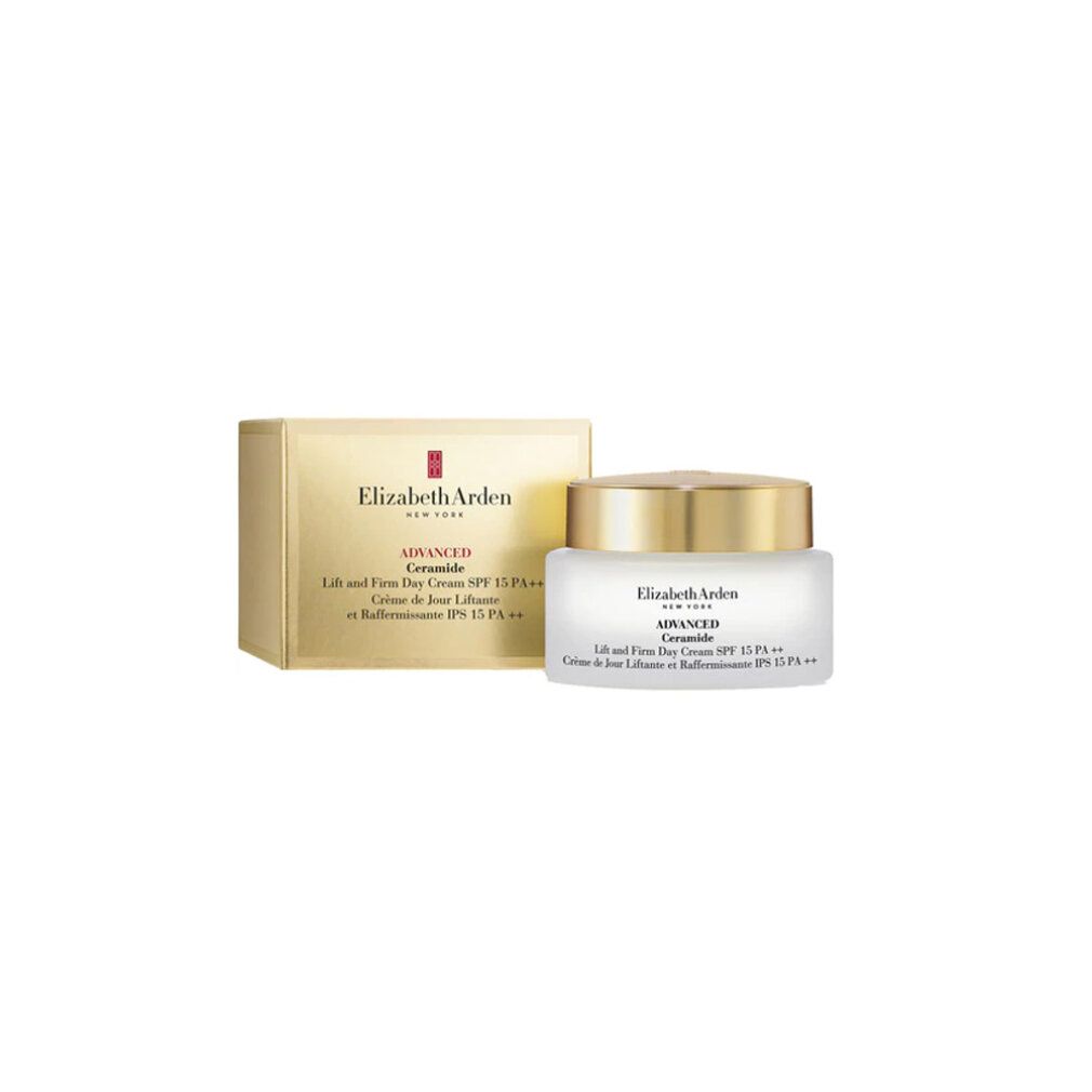 Creme-Glas und Schachtel. Aufschrift: Elizabeth Arden, Advanced Ceramide, Lift and Firm Day Cream SPF 15 PA ++, 50ml.