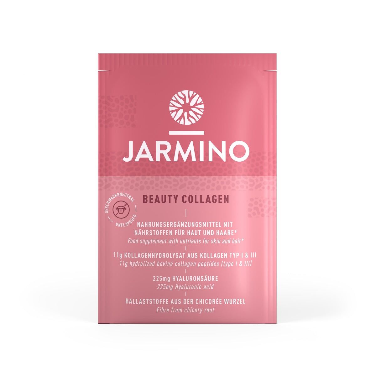 Rosa Beutel mit Aufschrift Jarmino Beauty Kollagen. Text: Nahrungsergänzungsmittel für Haut und Haare.