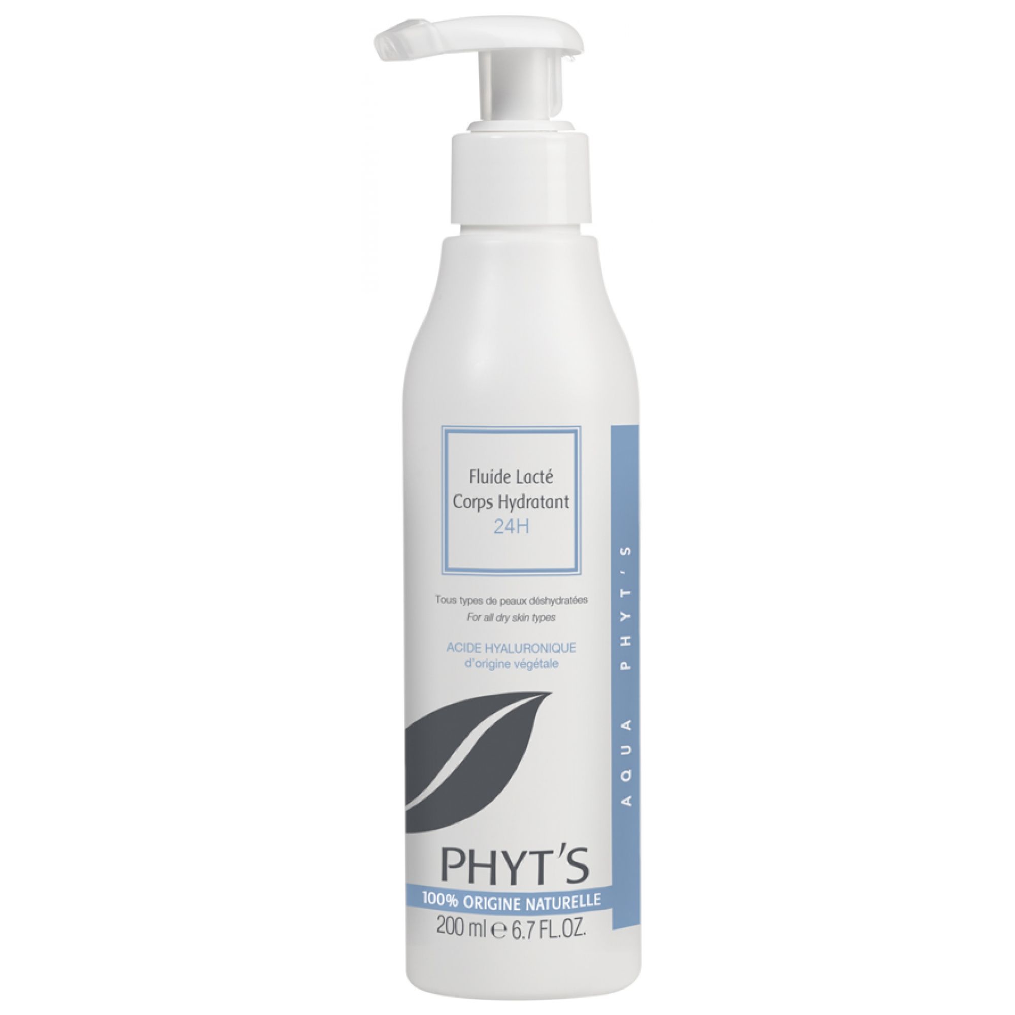 Weiße Pumpflasche mit Körperlotion, 200 ml. Beschriftung: PHYT'S, Fluide Lacté Corps Hydratant 24H.