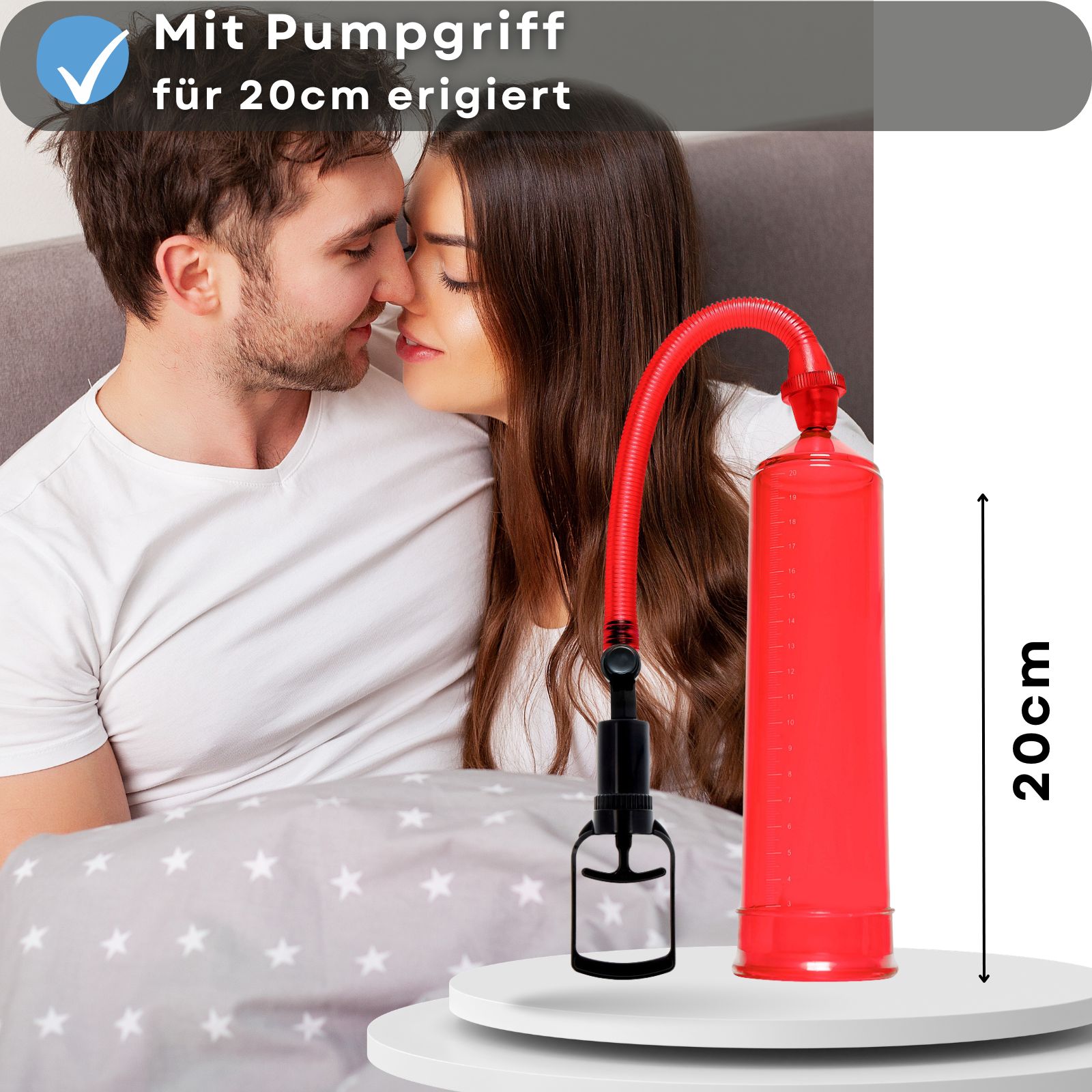Rote Penis-Pumpe mit Pumpgriff. ABS-Material. Bis 20 cm Länge. Für Männer.