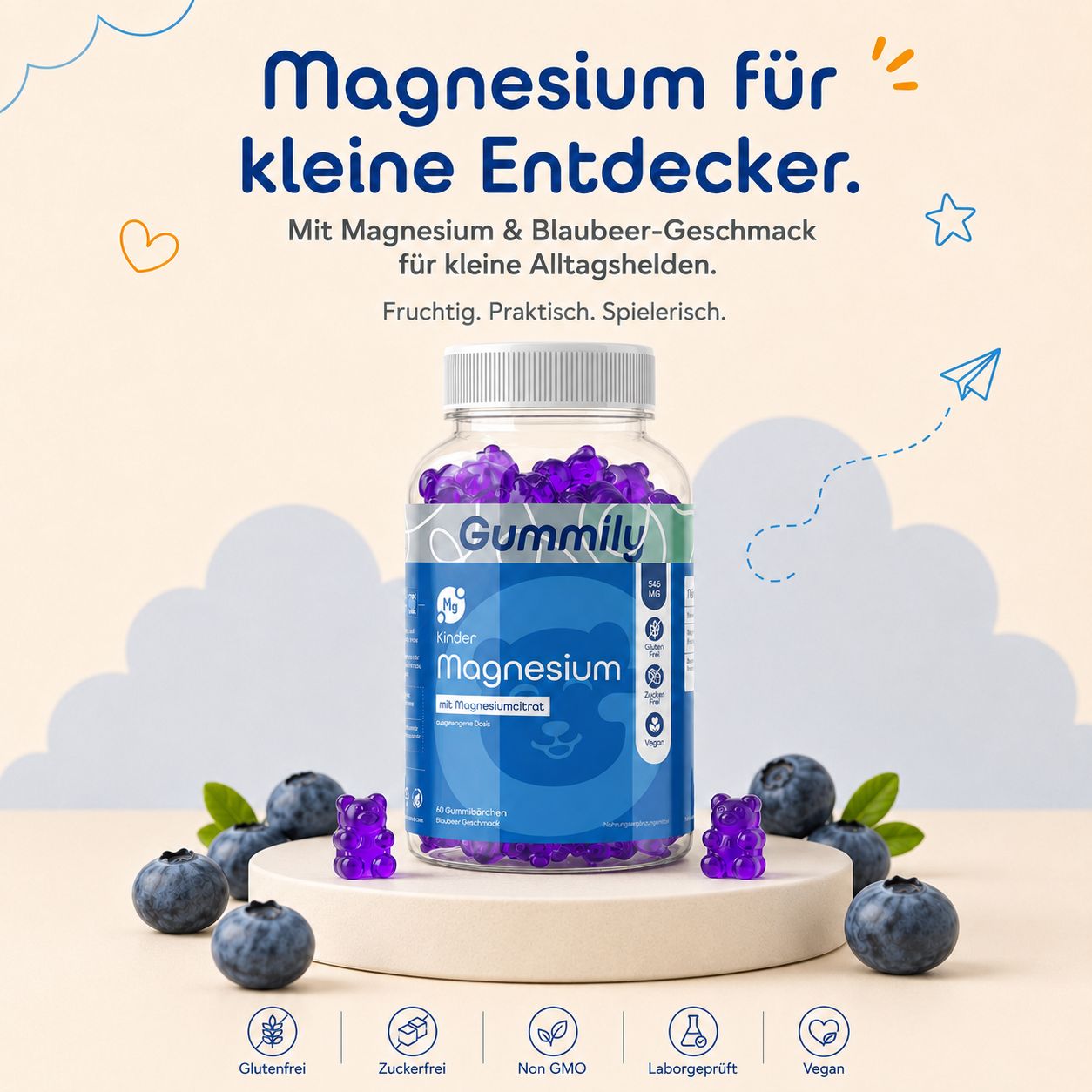Gummily Magnesium für kleine Entdecker: Fruchtiger Blaubeergeschmack, für kleine Alltagshelden.