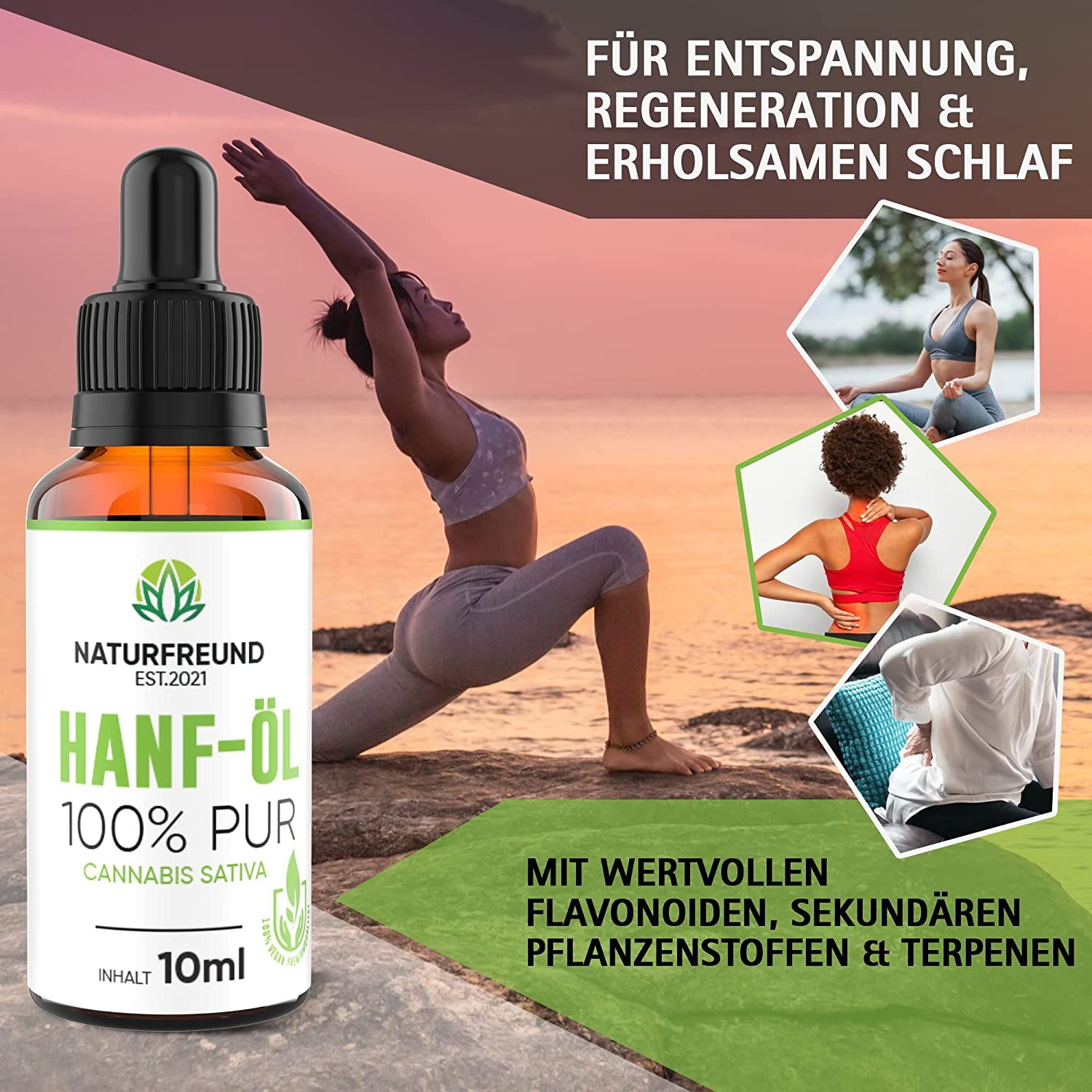 Braune Glasflasche mit Pipette. Etikett mit Logo, Schriftzug HANF-ÖL 100% PUR, Cannabis Sativa und 10ml. Text: FÜR ENTSPANNUNG, REGENERATION & ERHOLSAMEN SCHLAF.