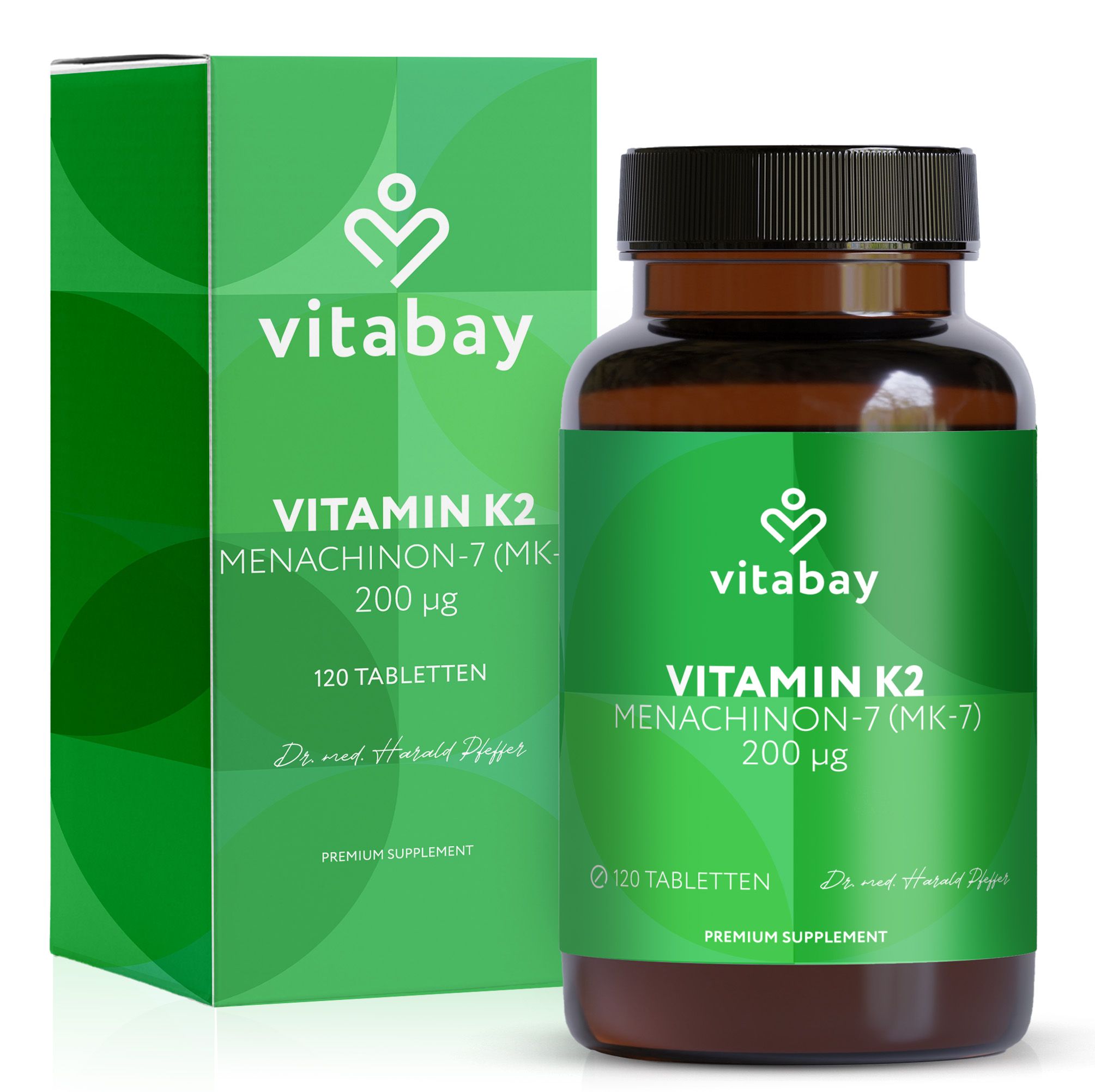 Vitabay Vitamin K2 200 µg: Braunglasflasche und grüne Faltschachtel mit Tabletten.