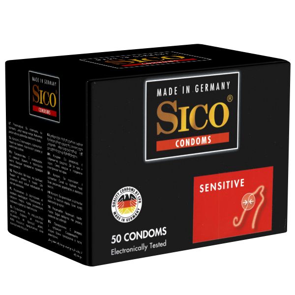 Schwarze Verpackung mit Sico-Logo und "Sensitive"-Hinweis. Enthält 50 Kondome, elektronisch getestet. Hergestellt in Deutschland.