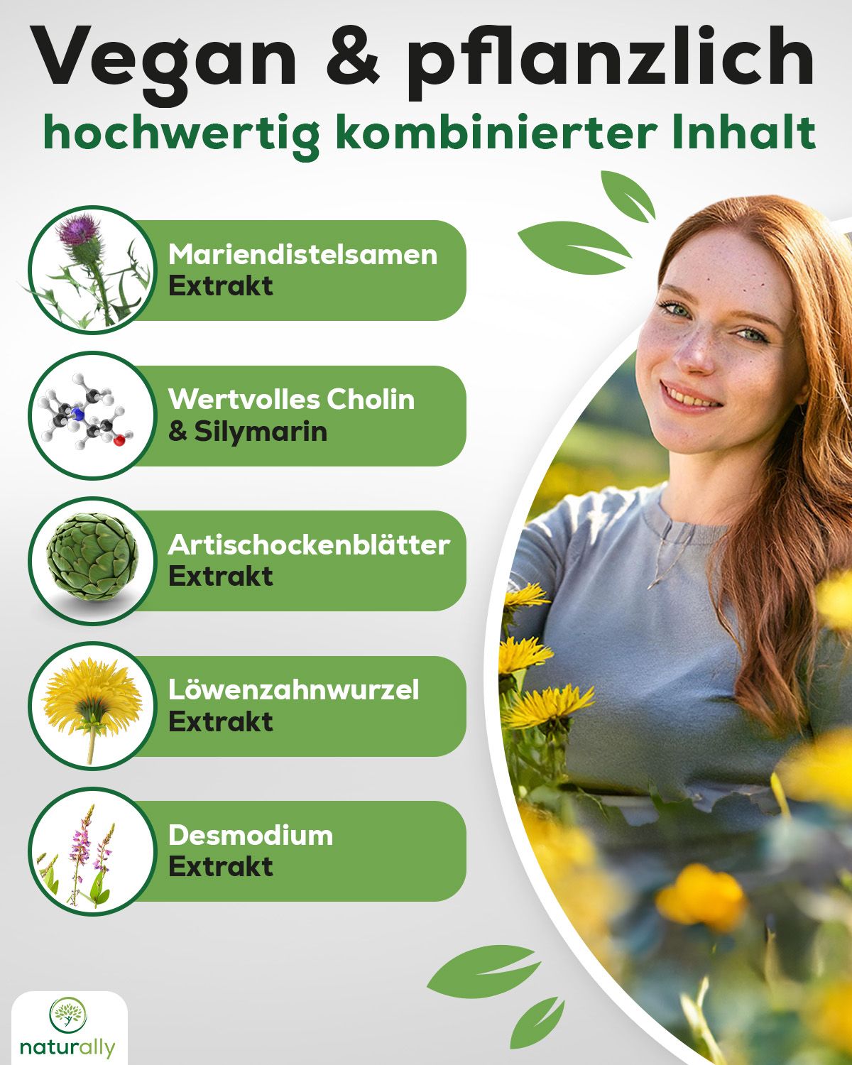 Frau mit rotem Haar. Text: Vegan & pflanzlich. Mariendistel, Cholin & Silymarin, Artischockenblätter, Löwenzahnwurzel, Desmodium.
