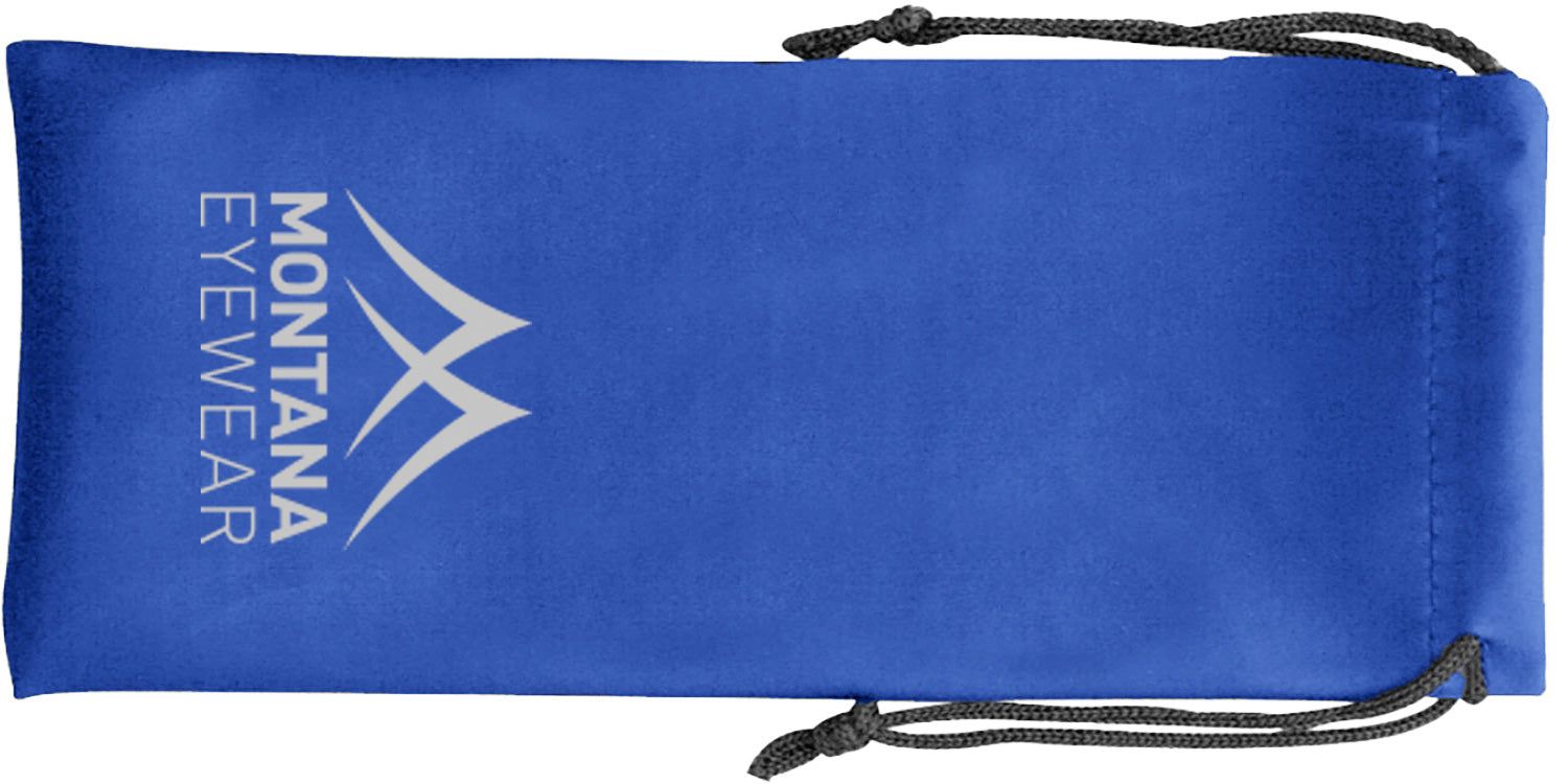 Blaue Brillen-Tasche mit Kordelzug. Auf der Tasche steht "MONTANA EYEWEAR" und ein Logo.
