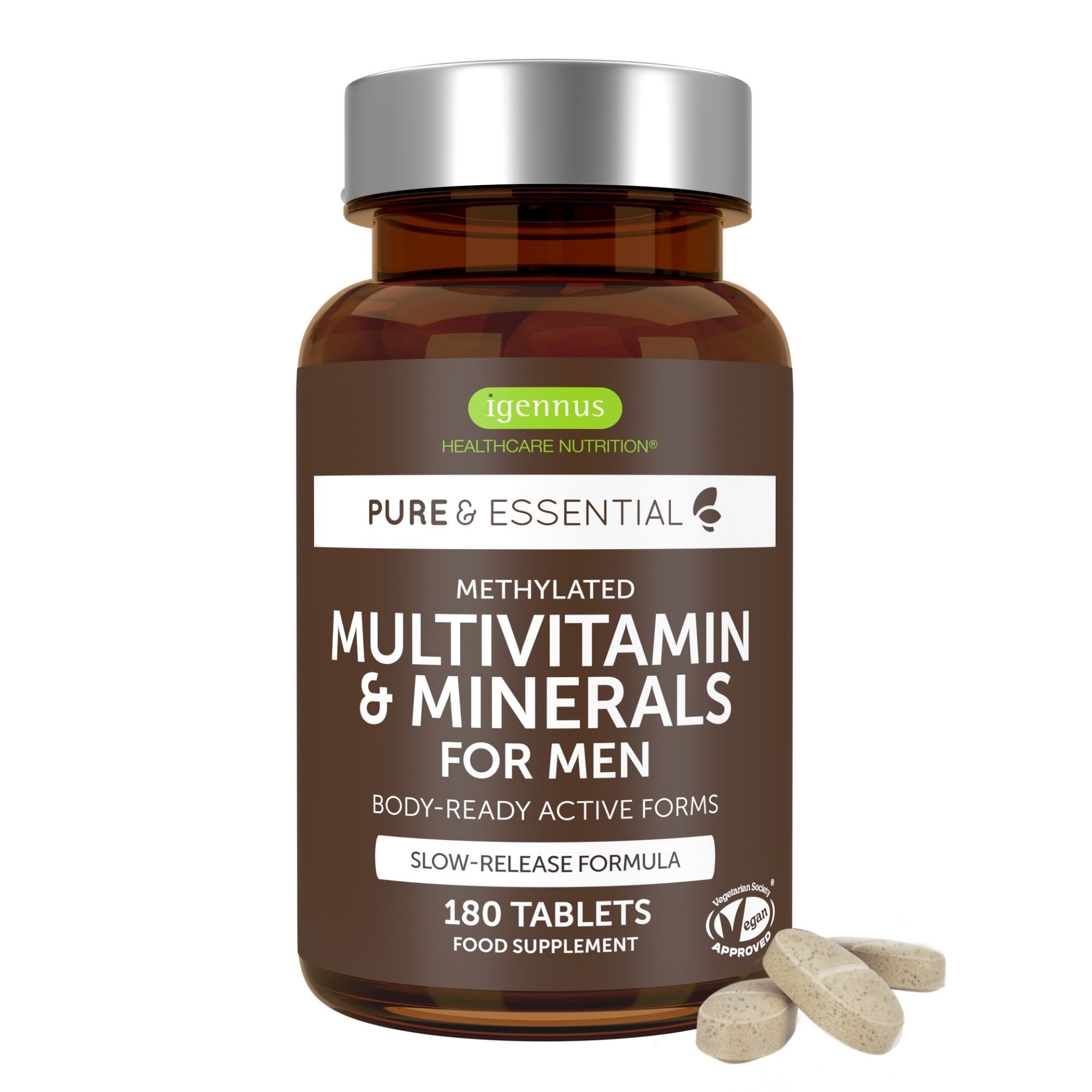 Braune Flasche mit Tabletten. Aufschrift: Methyliertes Multivitamin & Mineralien für Männer. 180 Tabletten. Tabletten daneben.