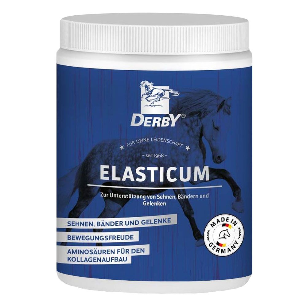 Blaue Dose mit weißem Deckel. Aufschrift Derby Elasticum. Enthält Aminosäuren für den Kollagenaufbau. Hergestellt in Deutschland.
