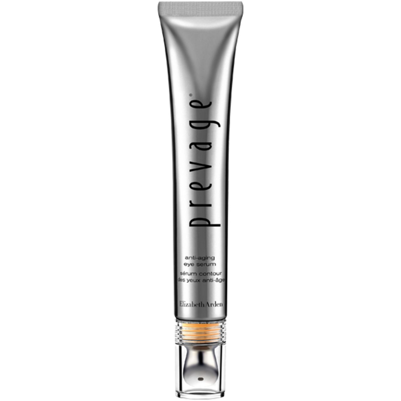 Silberfarbene Tube mit "Prevage"-Schriftzug. Text: Anti-Aging Eye Serum. Unterhalb: Elizabeth Arden. Mit Applikator.