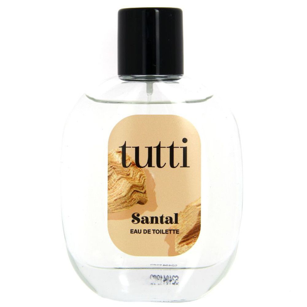 Eau de Toilette Santal. Transparenter Flakon mit schwarzem Verschluss. Etikett mit Holzmaserung und Logo.