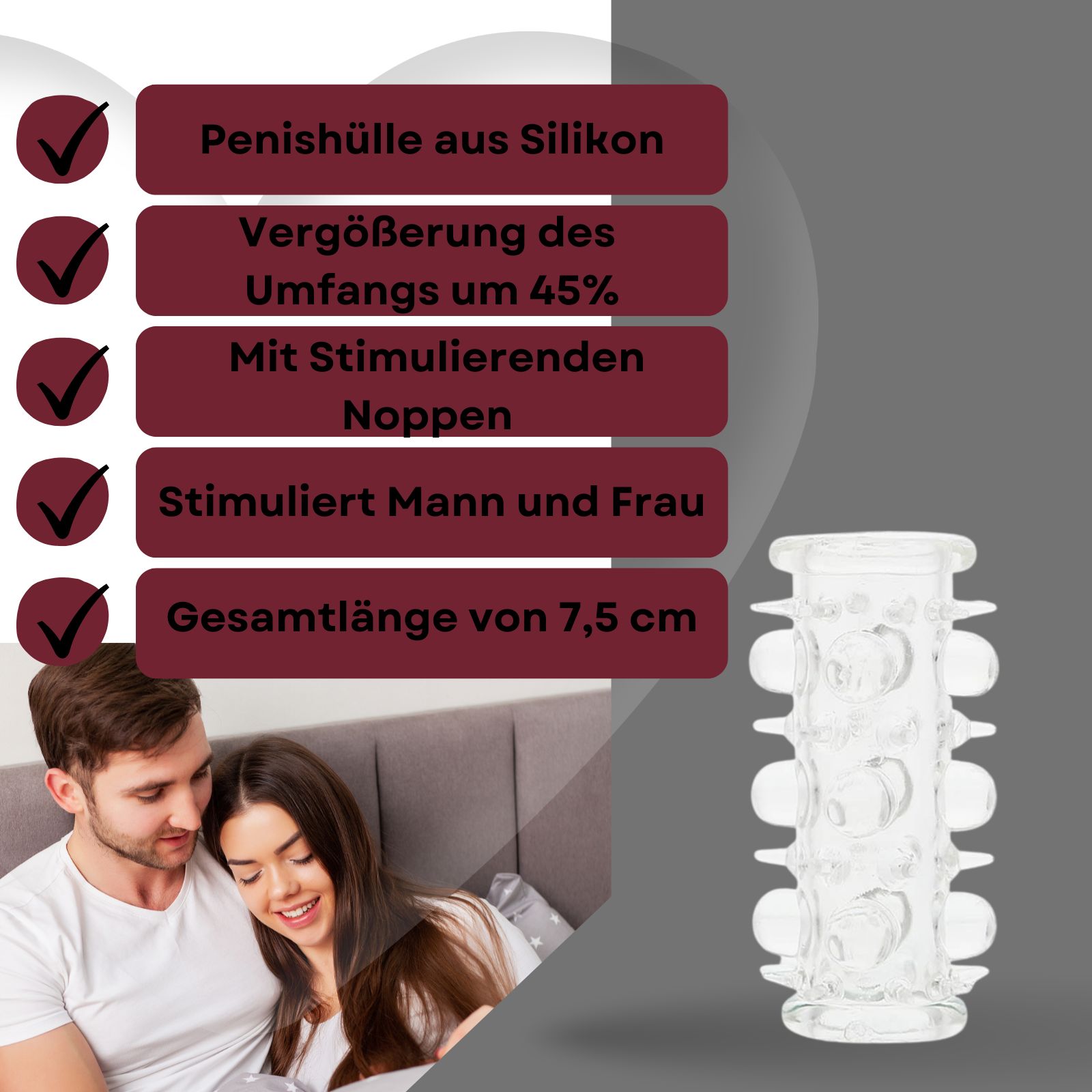 Penishülle aus Silikon mit Noppen. Text: Vergrößerung des Umfangs um 45%, Stimuliert Mann und Frau, Gesamtlänge 7,5 cm.