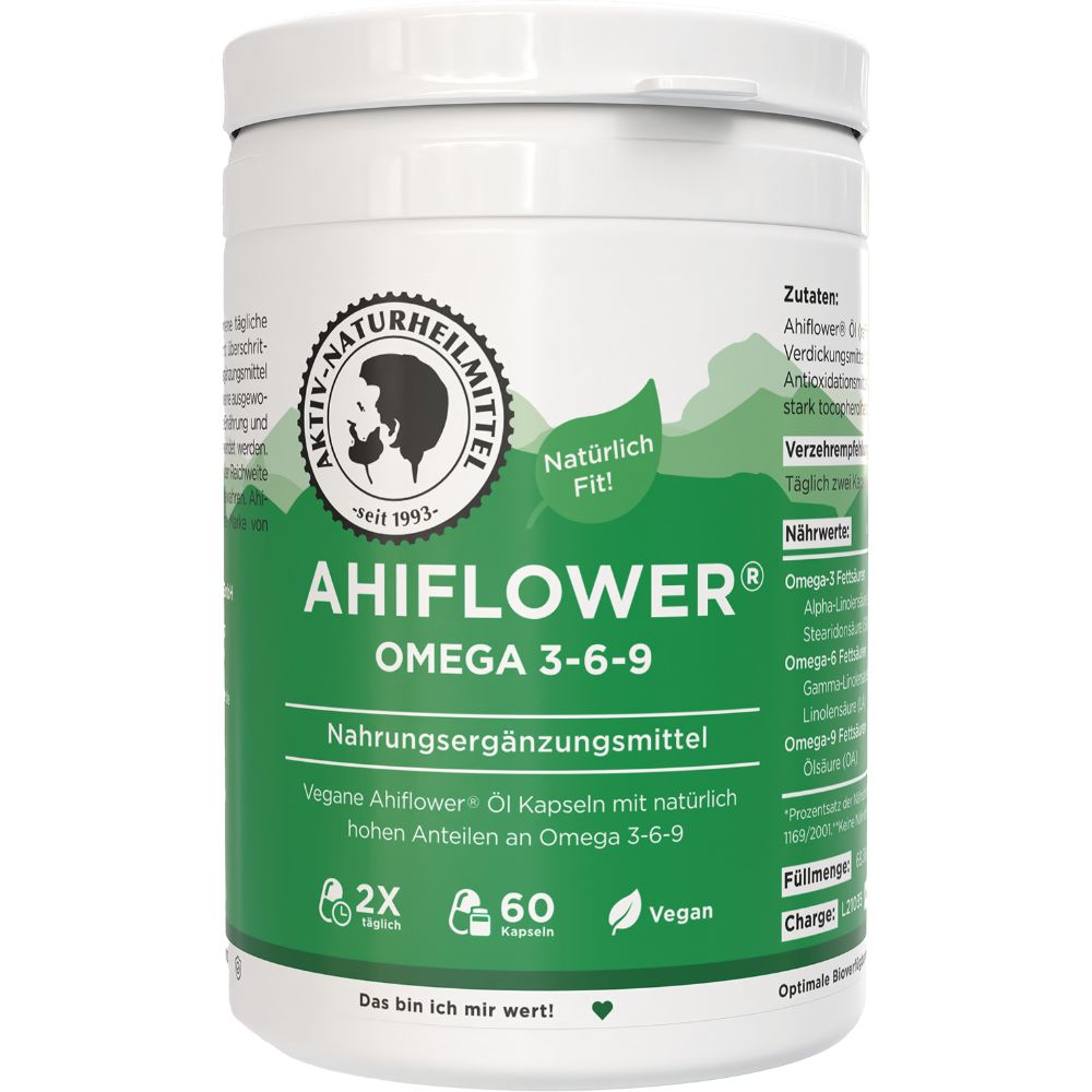 Weißes, zylindrisches Behältnis mit grünem Etikett. Aufschrift: AHIFLOWER Omega 3-6-9, Nahrungsergänzungsmittel. Enthält 60 Kapseln, vegan.