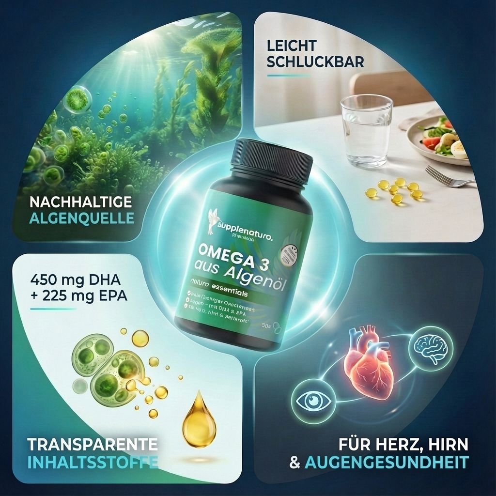 Kreisförmige Darstellung mit Omega 3 Kapseln aus Algenöl. Beschriftung: supplenatura, Omega 3 aus Algenöl, vegan. Abbildungen von Algen, Herz, Gehirn.