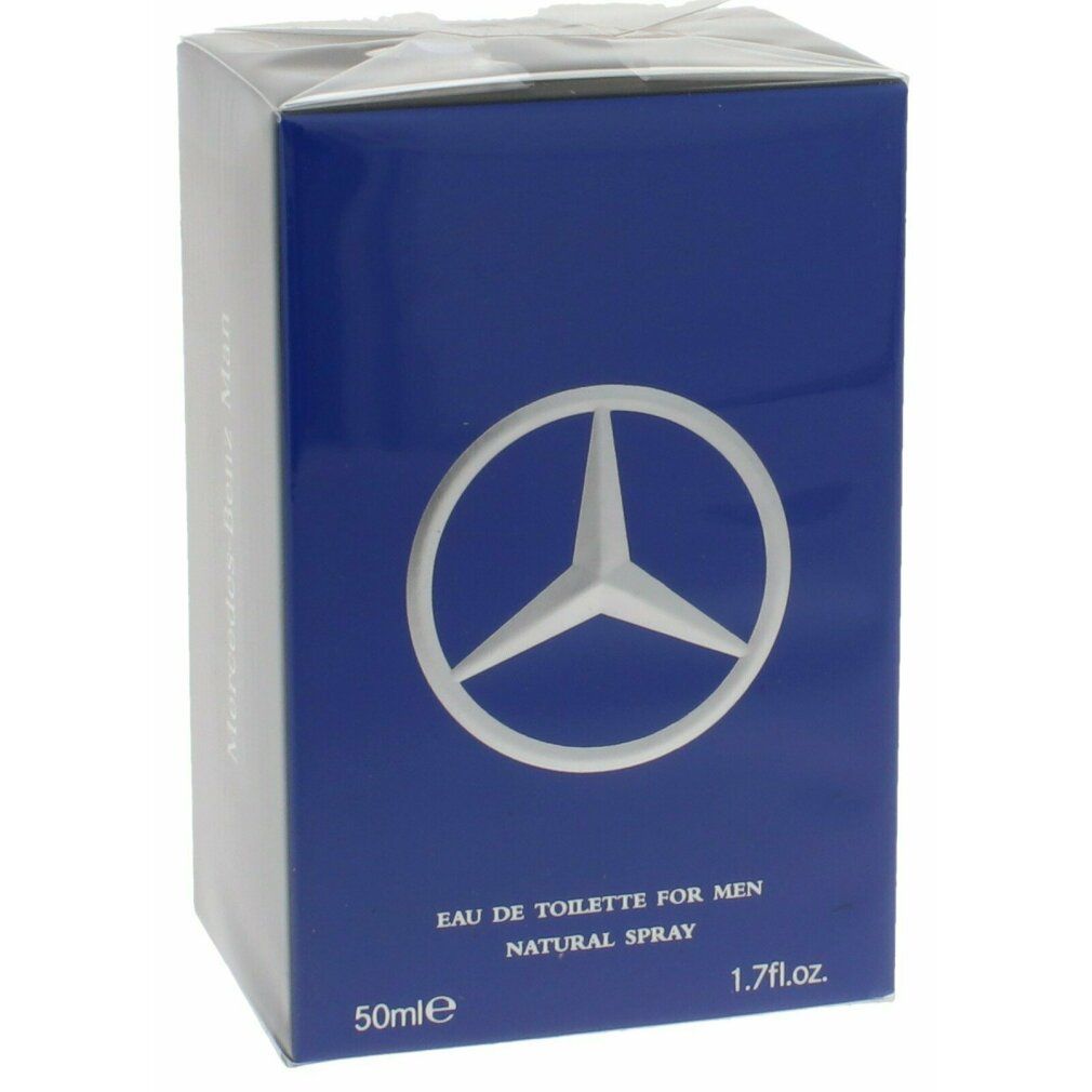Blaue Verpackung mit weißem Mercedes-Benz-Logo. Text: Eau de Toilette for Men, Natural Spray. Volumen: 50ml, 1.7 fl.oz.