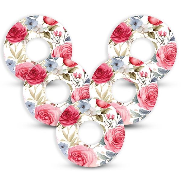 Runde Fixierpflaster mit Rosenmuster. Für CGM-Sensoren und Insulinpumpen. Mehrere Pflaster mit Loch in der Mitte.