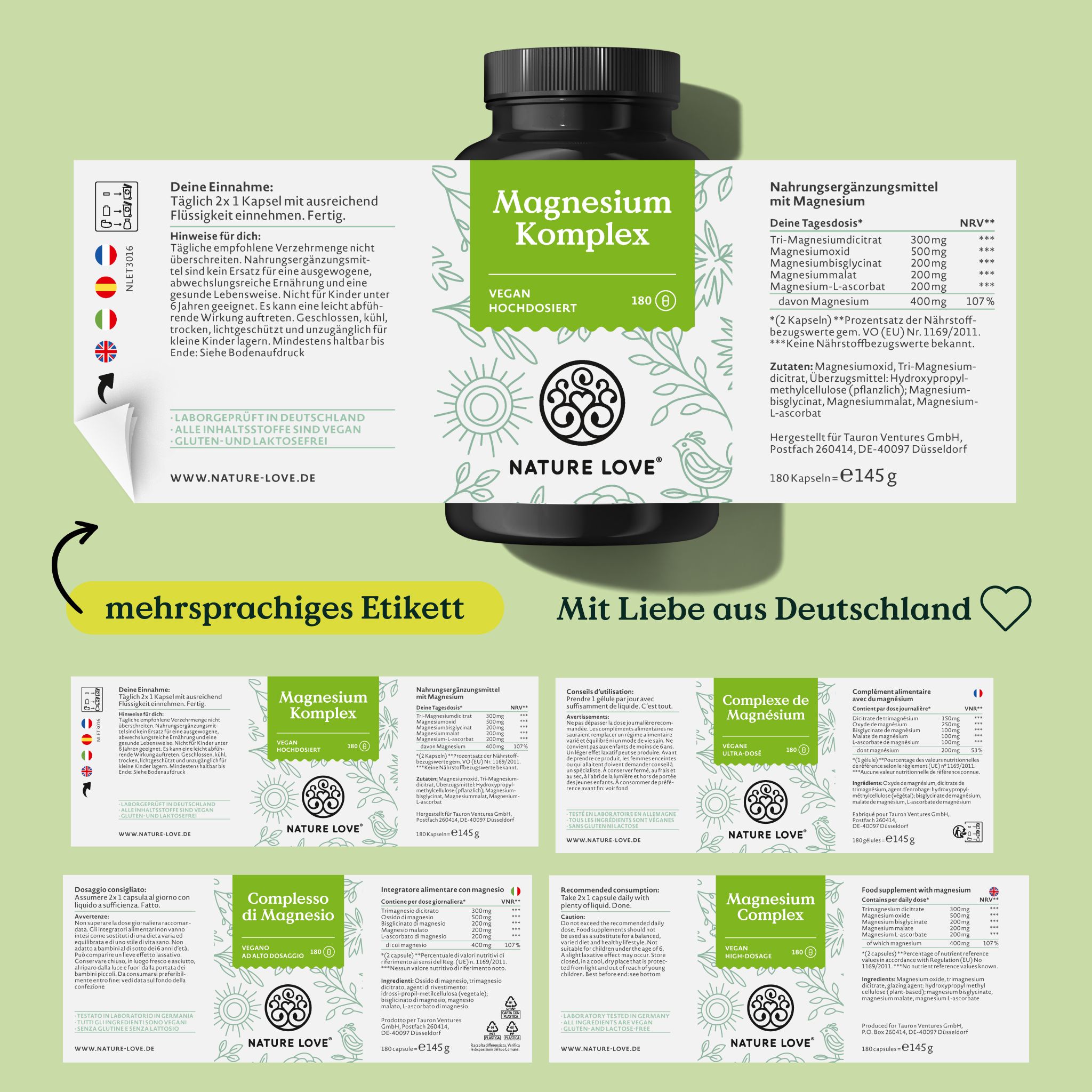 NATURE LOVE® Magnesium Komplex - 180 Kapseln - 400mg elementares Magnesium/Tagesdosis