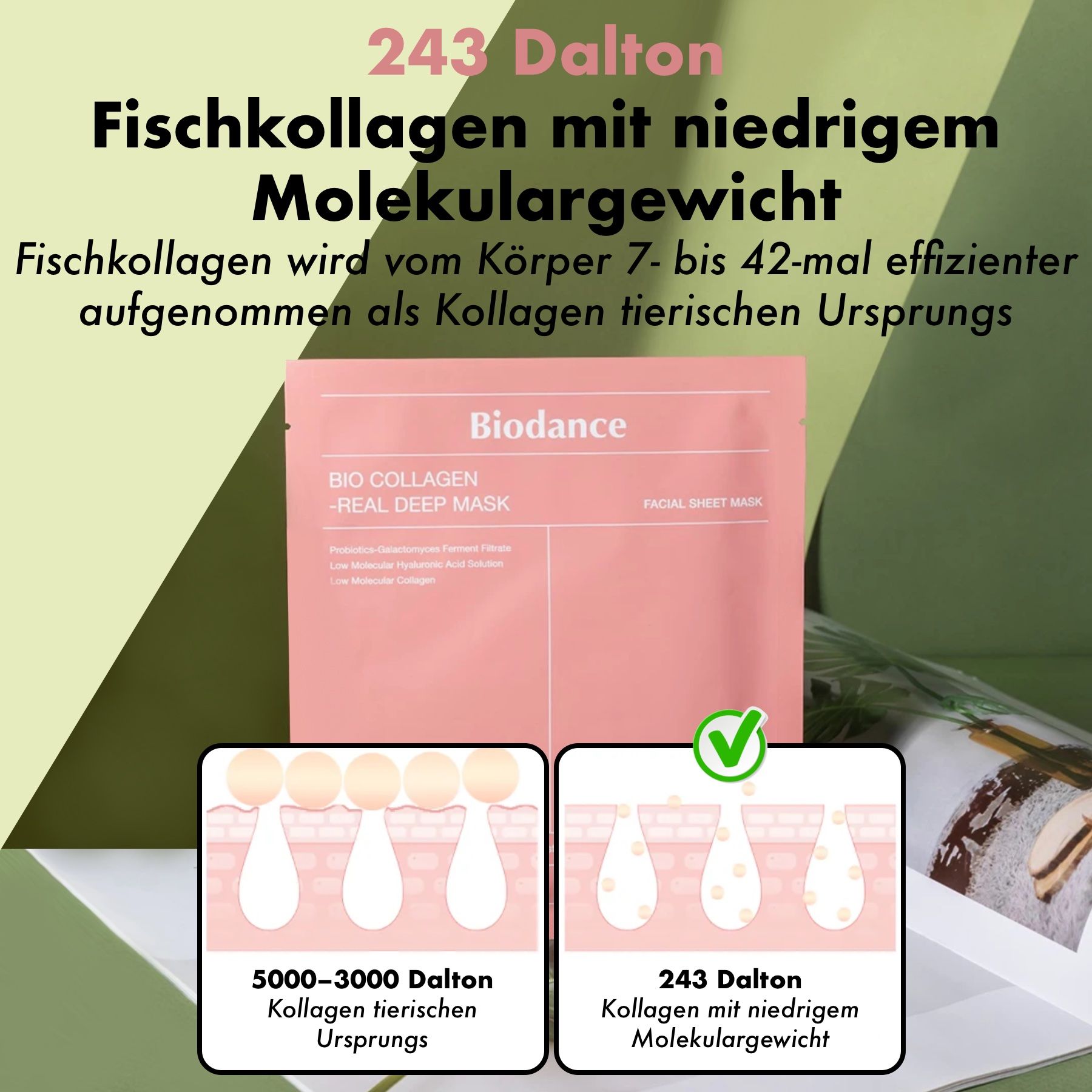 Confezione rosa con Biodance Bio Collagen Real Deep Mask. Testo: 243 Dalton Collagene di pesce a basso peso molecolare.