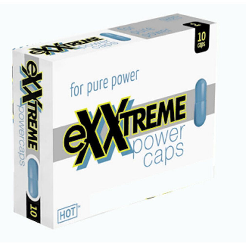 Schachtel und blaue Kapseln. Aufschrift: eXXtreme power caps. 10 Kapseln. Aufschrift: HOT.