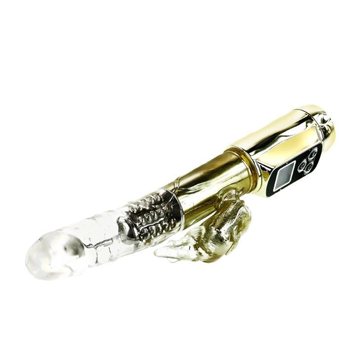 Goldfarbener Vibrator mit transparentem Kopf und Hasenohren. Mit Bedienfeld und Display.