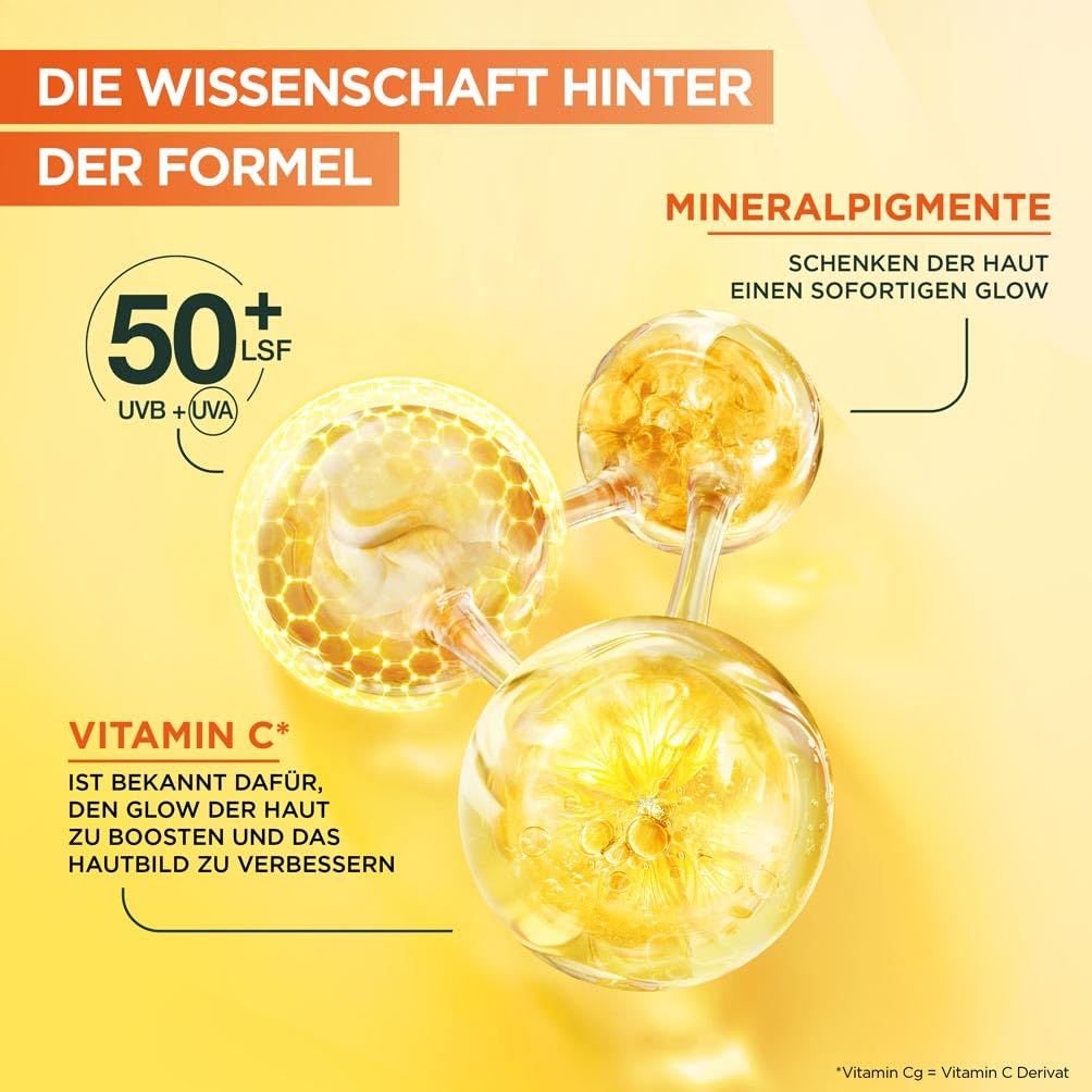 Gelber Hintergrund mit Illustrationen. Text: Die Wissenschaft hinter der Formel. Vitamin C, Mineralpigmente, 50+ LSF.