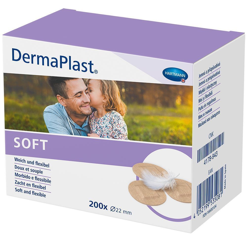 Verpackung von DermaPlast® Soft. Aufdruck: DermaPlast, SOFT, 200 Stück, Ø 22 mm. Abgebildet: Pflaster und Feder.