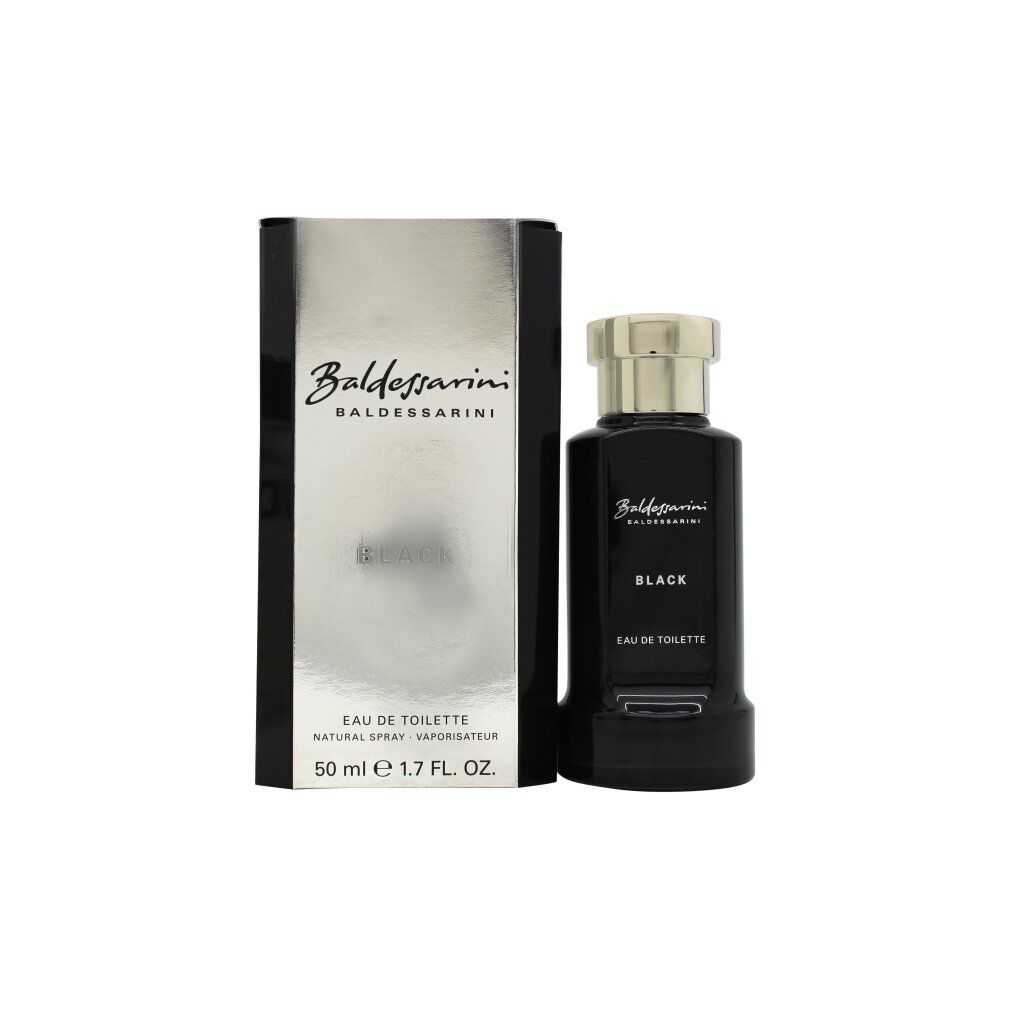 Baldessarini Black Eau de Toilette 50ml Flakon mit silberner Kappe, neben der Verpackung.