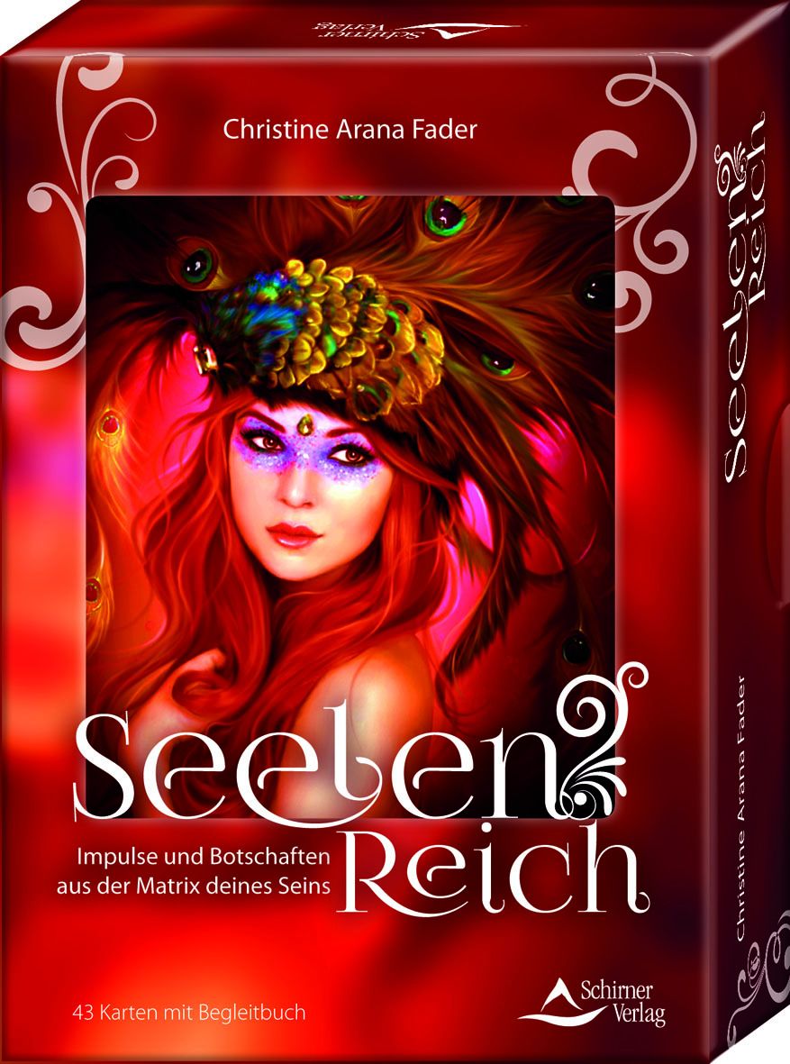 Karton mit dem Titel "Seelenreich". Auf dem Cover ist eine Frau mit Federschmuck abgebildet. Enthält 43 Karten und ein Begleitbuch.